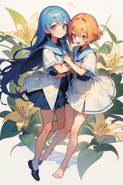 Cross your arms. lily.female. childhood friend. Two people. From head to toe.cute.whole body.