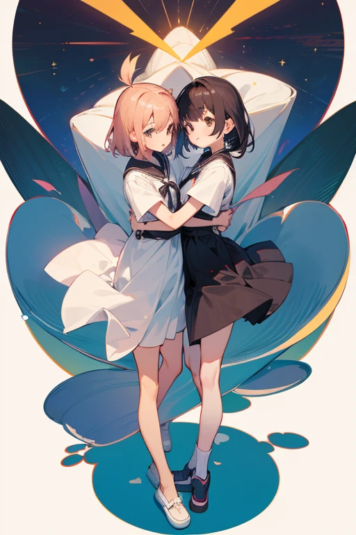 Cross your arms. lily.female. childhood friend. Two people. From head to toe.cute.whole body.