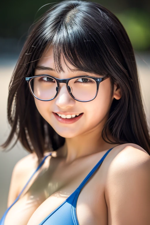 Ultra-detailed 8K CG、huge breasts、perfect female body、big breasts、small face、swimsuit、(plus size model)、ecstatic expression、sharp focus、Highly detailed face and skin texture、japanese woman、high school student、Square glasses、black hair、straight hair、long hair、smile、thin and long legs、whole body