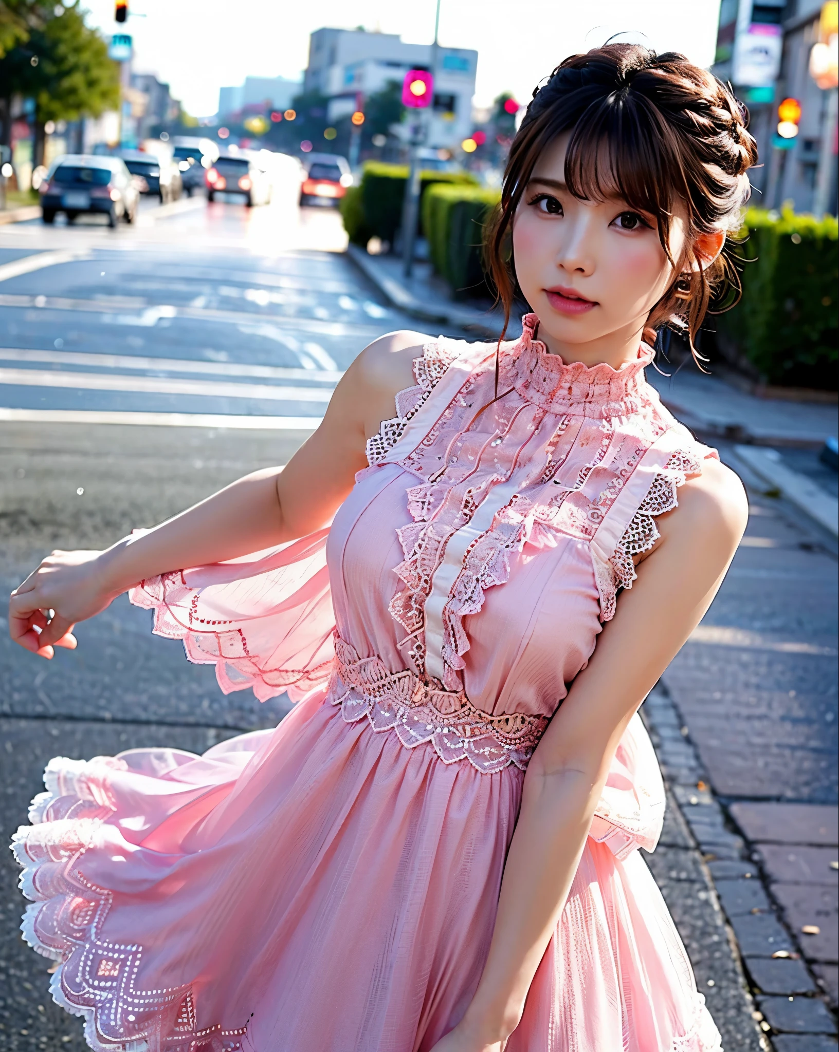 a woman posing on the street corner with pink dress on, highest quality, High resolution, 8K, 1 girl, (huge breasts), Day, bright, outdoor, (street:0.8), (people々, crowd:1), (dress trimmed with lace:1.5, pink clothes:1.5, Pink high neck dress:1.5, sleeveless dress, pink dress: 1.5), nice, (medium hair), beautiful and detailed sky, beautiful earrings, (dynamic pose:0.8), (Upper body:1.2), soft lighting, Wind, shiny skin, looking at the viewer,