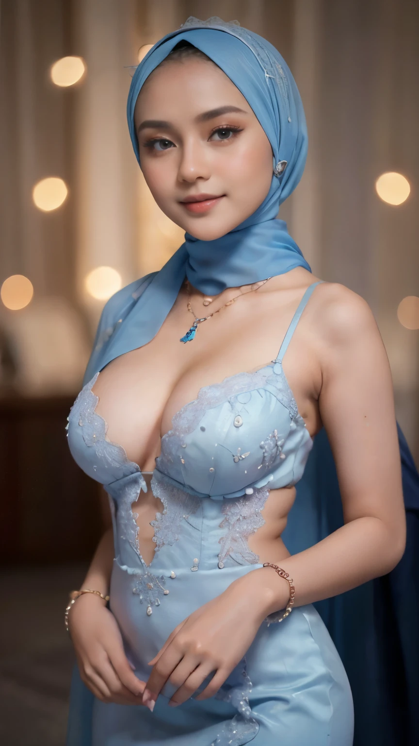 Hyper realistic, Beautiful, cute Face, 18 Years old russian ****ta Girl, (wearing hijab), Detailed sexy light blue lace kebaya dress, open breast, breast out, nude, nipples, small Rounded Breast, luxury necklace, White Skin, Dark City Background, mid shot, upper body, Perfect Potrait, Bokeh Effect, Look at Viewer, Armpit, Perfect Eye, Perfect Hand, Perfect Finger, Bracelet, Ring, (small breast), ((adorable:1.2)), ((masterpiece:1.1)), ((bokeh:1.2)), (dynamic seducing pose), seductive smile, flirting eyes