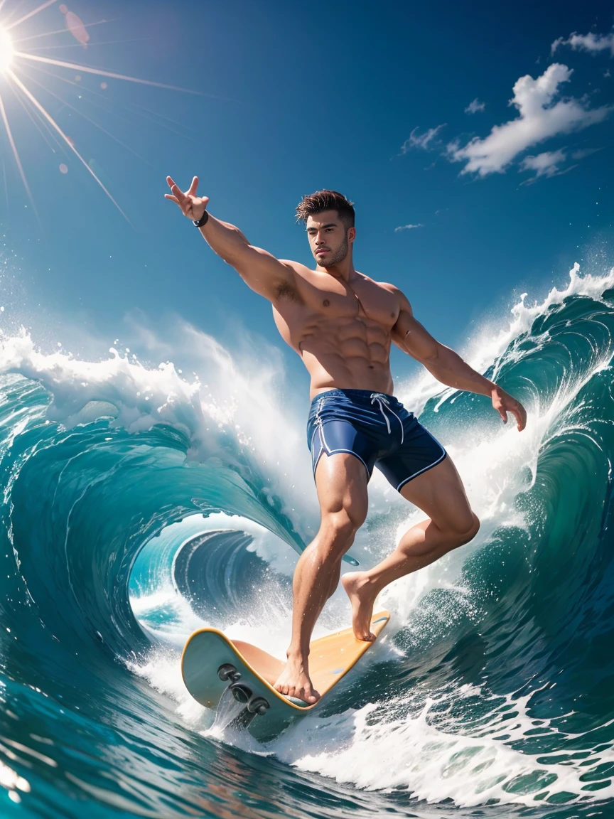 8k，8K resolution，一位武术家打扮的surf者，Ride on huge waves，Use kung fu and water control to navigate the water，Enjoy panoramic views of the sea and rippling blue waves，muscular european, handsome man，charming eyes，rough real skin,beautiful, smooth and shiny，Full muscles，Thick body hair， (Wearing fashionable swimming trunks)，big bag，emphasize，a vibrant atmosphere，bright colors，dynamic composition，Canon EO SRS camera，FU J if11M Pr O400H film，35mm lens，shallow view deep，surf，The waves are high，Dashing out of the waves quickly on a skateboard with both feet，Beautiful and professional pose，professional lighting，Professional photography，Realistic photos，realistic model，realistic art