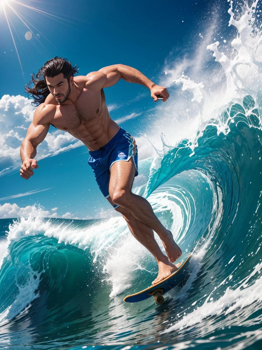 8k，8K resolution，一位武术家打扮的surf者，Ride on huge waves，Use kung fu and water control to navigate the water，Enjoy panoramic views of the sea and rippling blue waves，muscular european, handsome man，charming eyes，rough real skin,beautiful, smooth and shiny，Full muscles，Thick body hair， (Wearing fashionable swimming trunks)，big bag，emphasize，a vibrant atmosphere，bright colors，dynamic composition，Canon EO SRS camera，FU J if11M Pr O400H film，35mm lens，shallow view deep，surf，The waves are high，Dashing out of the waves quickly on a skateboard with both feet，Beautiful and professional pose，professional lighting，Professional photography，Realistic photos，realistic model，realistic art