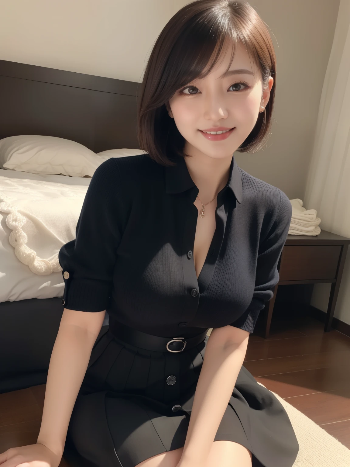 (8K, RAW Photos:1.2),Detailed face and eyes,最high quality, Ultra-high resolution, Very detailed ,Intricate details ,Tabletop ,pretty girl , Soft cinematic light, Hyper Detail,Sharp focus, high quality, outside,Bobcut,Blonde,Browsing Caution, Smile, zettai ryouiki, Skirt, Sit on a chair, Spread your legs, Showing panties、night、深night