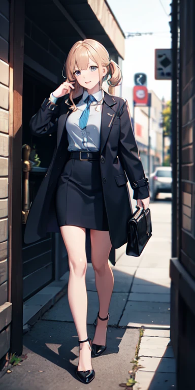 ((best quality)), ((masterpiece)), (detailed),full body anime picture of a female organization Elite secretary , blue outfit , 1 person , coat