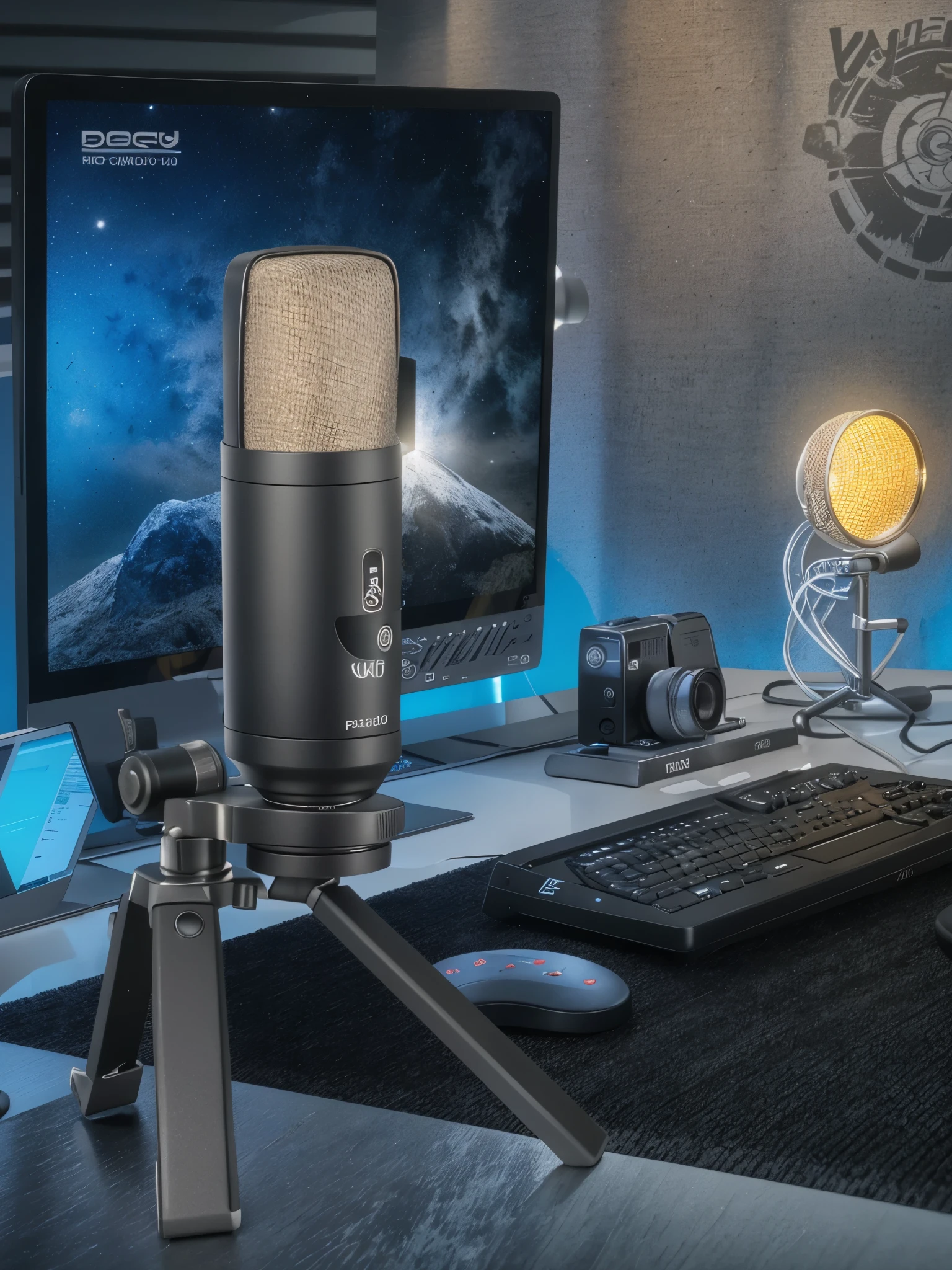 there is a microphone on a tripod next to a computer, sitting in front of a microphone, highly detailed back ground, standing microphones, studio microphone, microphone, Studio shot, Detailed wide angle shot, Professional product photography, Studio product photography, table with microphones, 8k - hours 7 0 4, wide angle panorama, microphones, Equipped with professional lighting