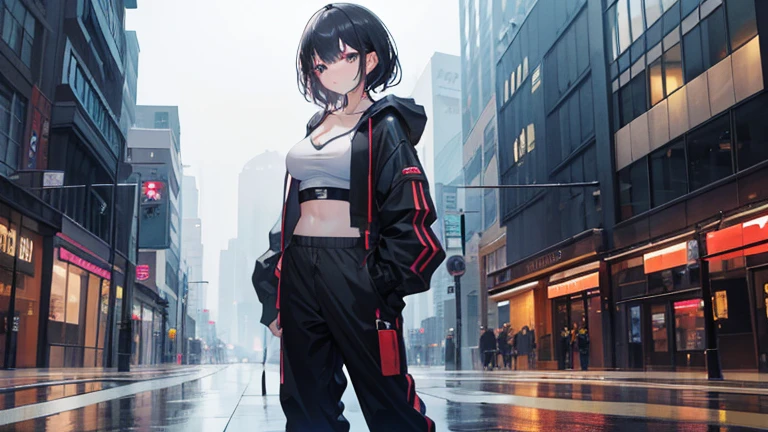 8K, masterpiece, highest quality, high resolution, High resolution, woman, beautiful girl, hoodie, baggy pants, In the rainy city, shortcut, cleavage