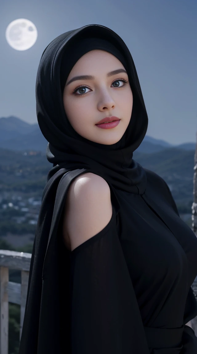 8K, Top Quality, Intricate Details, Ultra Detail, Ultra High Resolution, Masterpiece, random angle, Slender, Smile, (Makeup: 0.4), (Fluffy Blue Eyes: 1.21), blue Eyes, looking back, ((full body)), 1girl, solo, 1 girl, (( full body)), close up shot, , ((tall)), (((fit body))), (((slim face))), sharp face, sharp eyes, (((black hair, long hair, )) (detailed face), sharp face, small lips,
((hijab, Abaya)), detailed face, detailed breast, , large breast, detail ass, round ass , Beautiful girl with accentuated slender abs: 1.4, Six Pack Abs: 1.4, Bust Botox, Big, Perfect Body, detail leg, (( moonlight)), top of mountain
