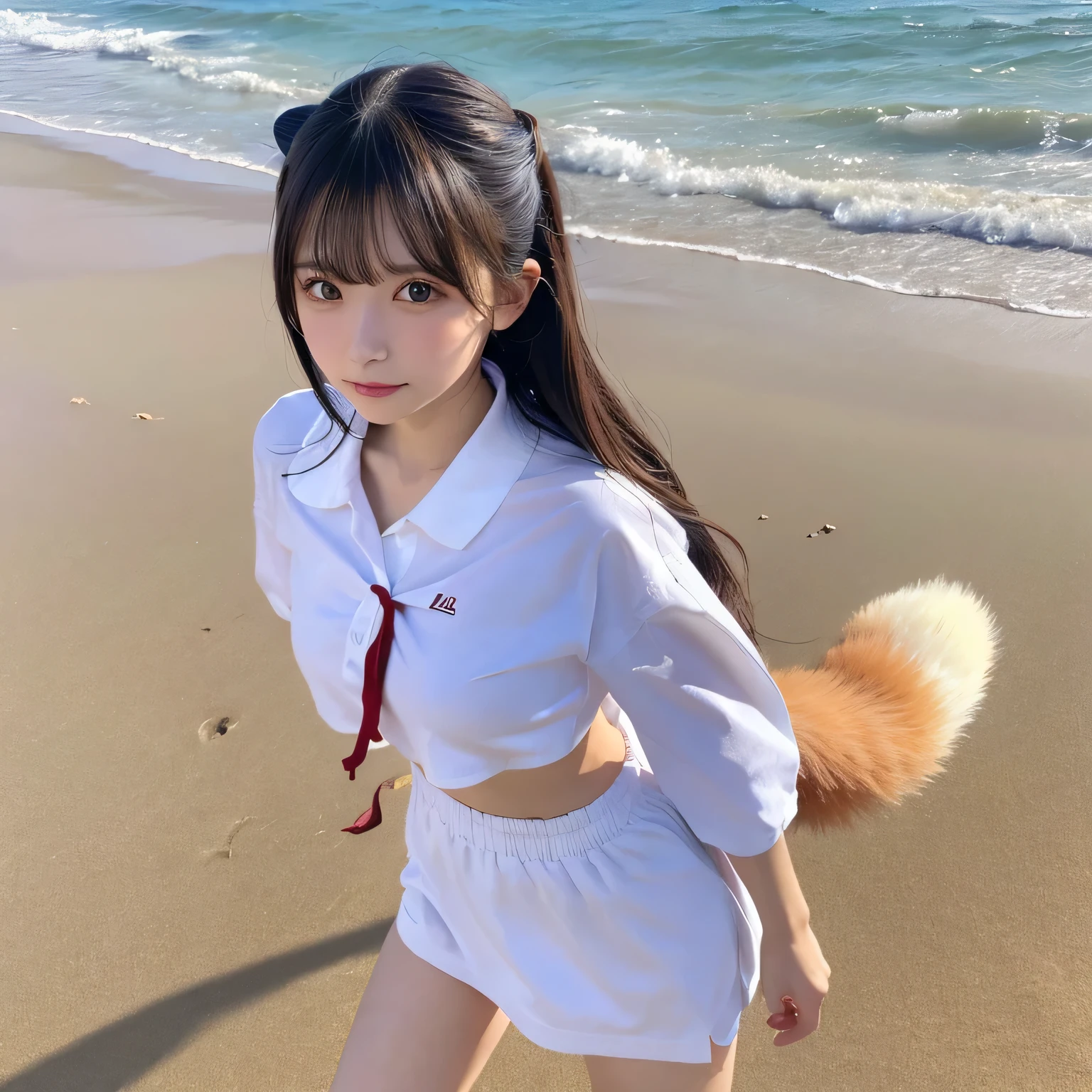 Girl with a furry Tail walking down the beach , Fox girl, Fox Tail, Tail, collared shirt, top quality, Bushy Tail,on the table, best quality, illustration, Ultra-deTailed, finedeTail, high resolution, 8k wallpaper, Perfect dynamic composition, Beautiful deTailed eyes,whole body摄影,original photography、(((ultimate beauty portrait)))、((sparkling skin)),((masterpiece、top quality、ultra-deTailliert、movie light、intricate-deTail、high resolution、ighly deTailed))、background for this、8 kood、digital SLR、soft light、high quality、film grain、富士XT3、Above the legs、whole body、