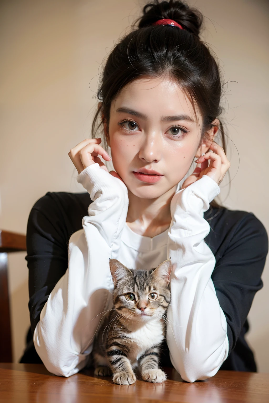 ((best quality)), ((masterpiece)), (detailed), Background in the office,Female upper body,Naturally shy face,Talking with a microphone in hand,long sleeve work,Hair tied up,There is a cute cat on the table next to you