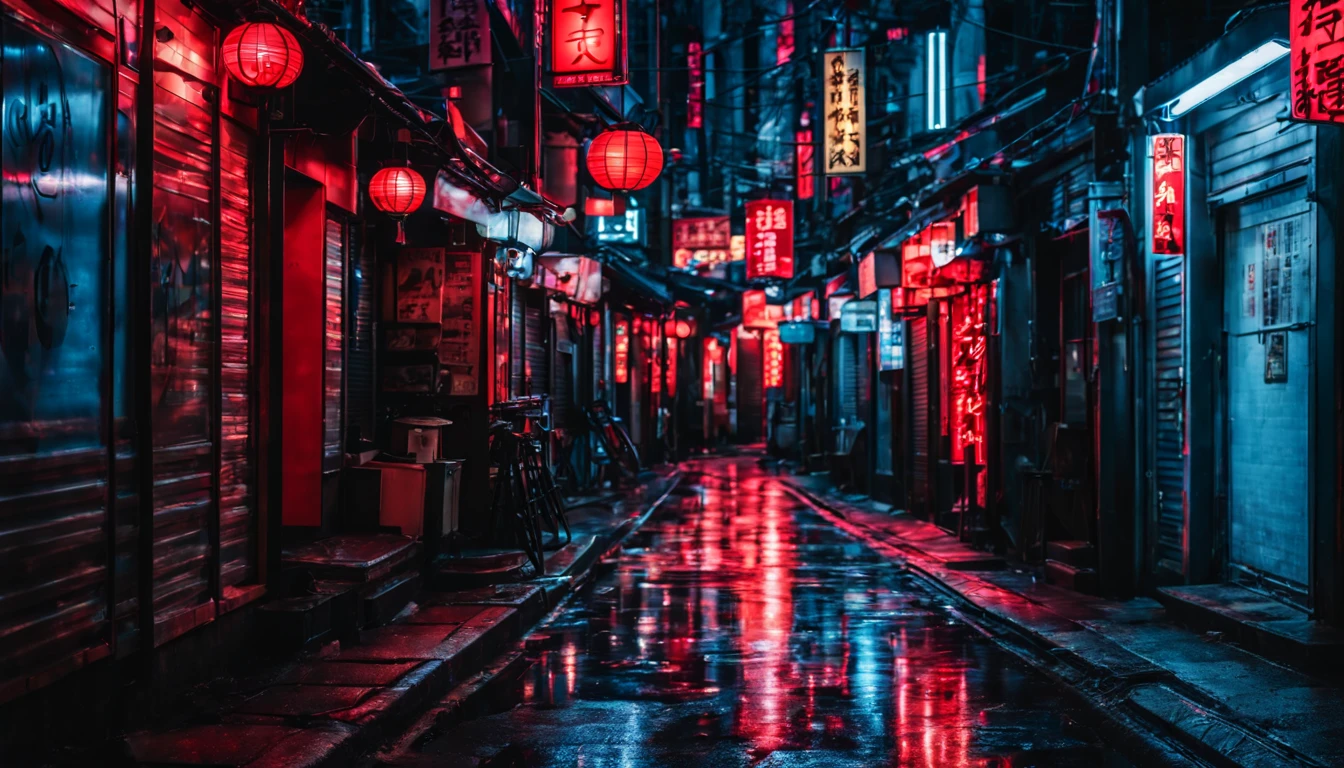 ~*~Stunning~*~ Realistic cinematic close-up in a movie scene, couleurs vives, very detailed, presented in cinemascope, create a moody atmosphere.
Empty modern alley world of Japan blue and red neon lights