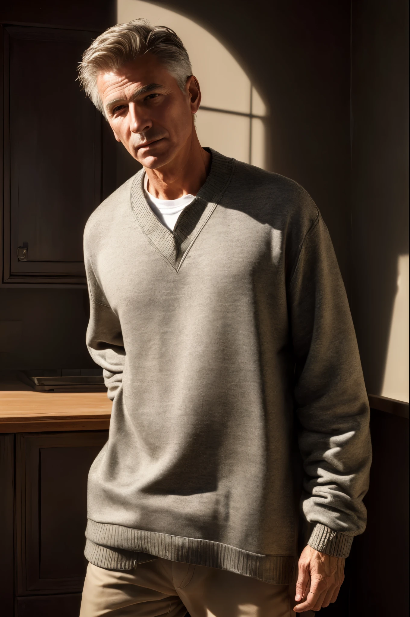 (masterpiece, realistic, born,:1.4), (very complicated:1.2), close, cinematic light, side light, ultra high resolution, best shadow, born, Upper body, elder, Wearing a pullover, 