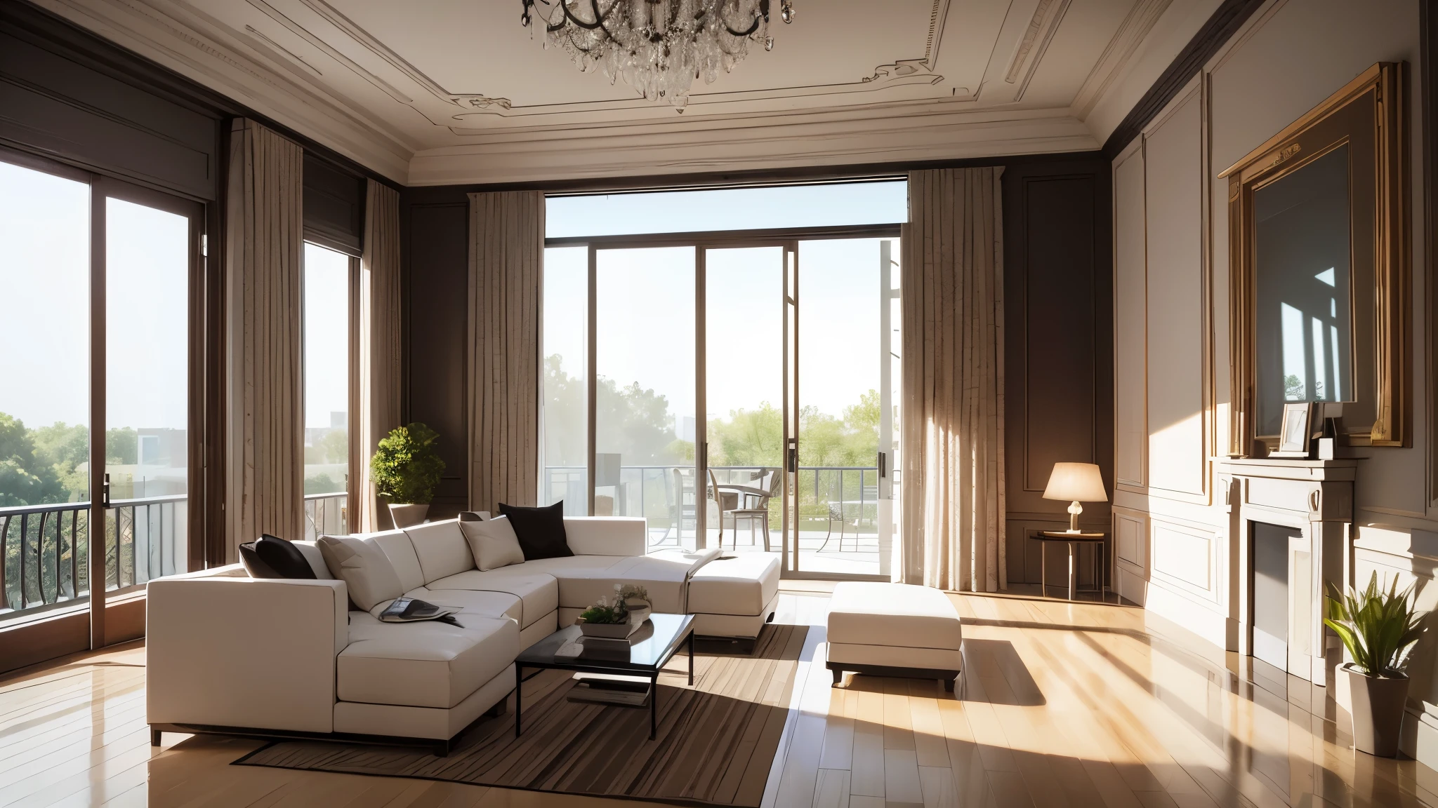 You are a famous interior designer、You have been asked to create a 3D image of a modern large room. Create a harmonious environment with modern and minimalist furniture. Including garden interior.