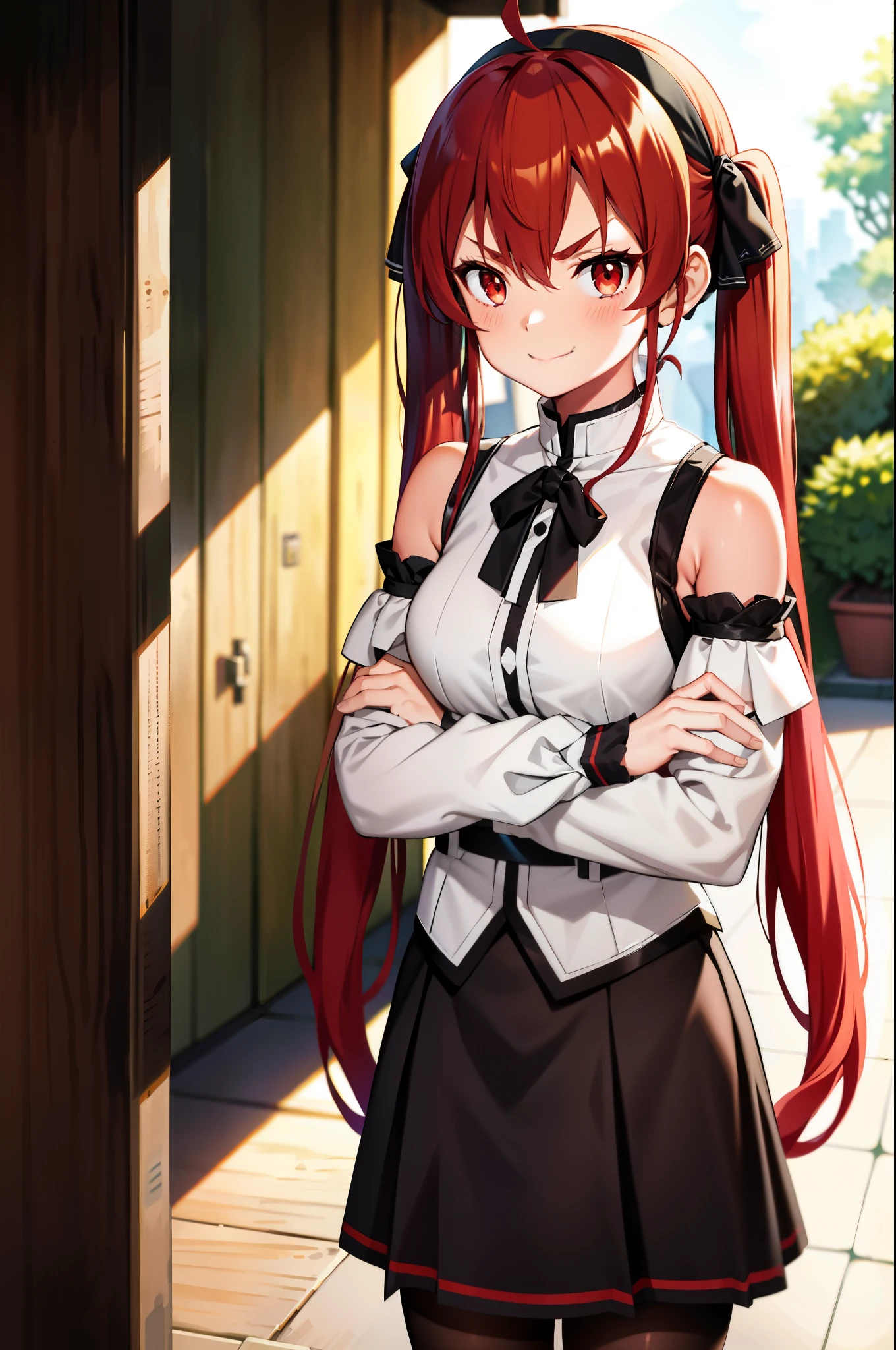 Eris Greyrat, (1 girl:1.3), alone, Ahoge, bangs, bare shoulders, black hair band, smile, Clothing clippings, (arms folded:1.3), hair between eyes, hair band, long hair, long sleeve, looking at the viewer, red eyes, redhead, shoulder cutout, Background of the mansion, ruffle skirt, (skirt below the knee:1.3), alone, High resolution, harm, mushoku tensei, cowboy shot, (twin tails:1.3)