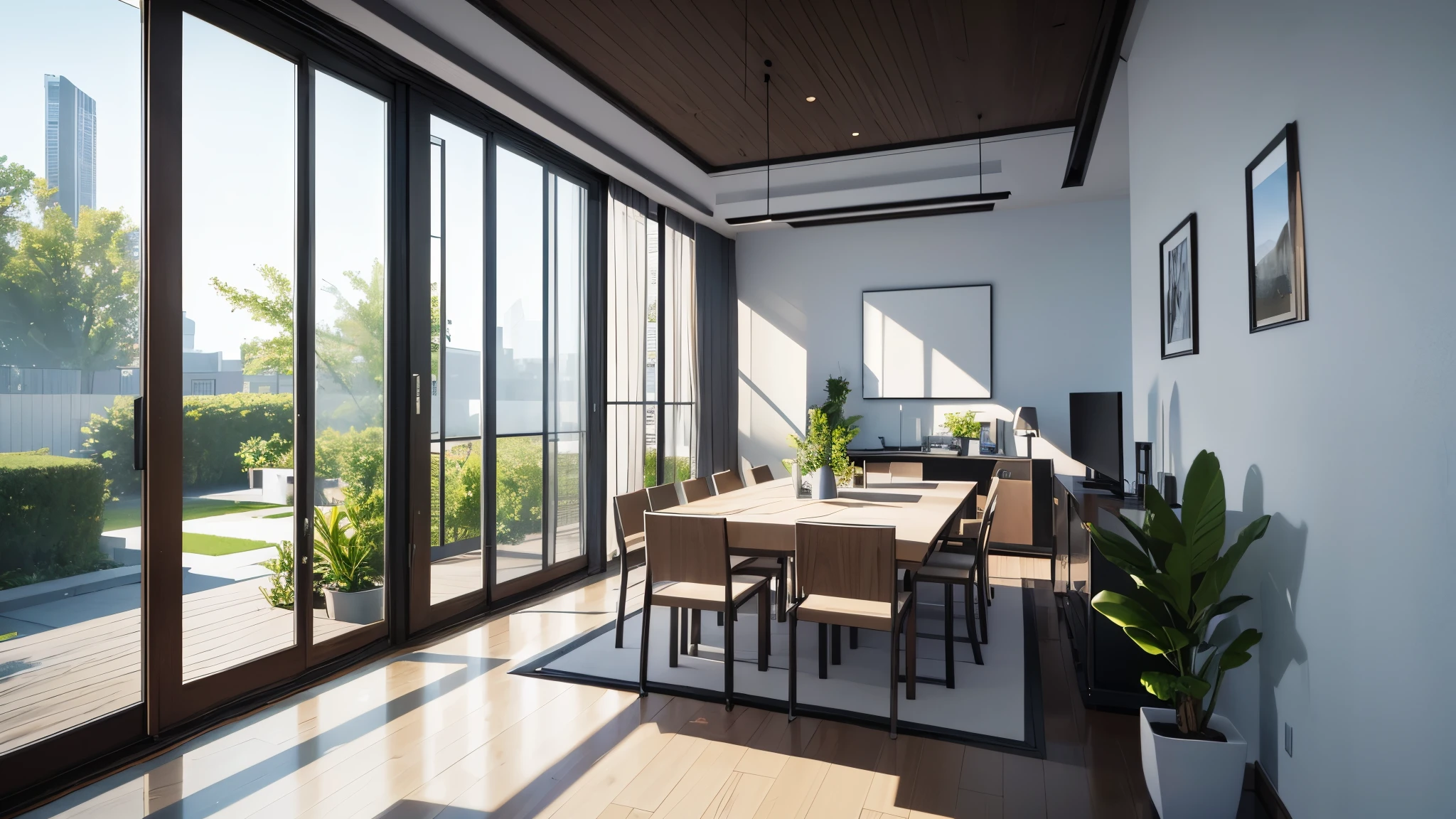 You are a famous interior designer、You have been asked to create a 3D image of a modern large room. Create a harmonious environment with modern and minimalist furniture. Including garden interior.