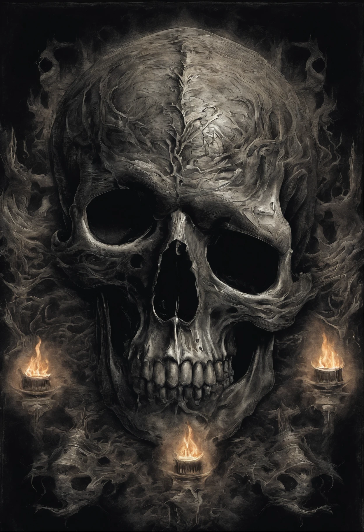 three skulls and flames on it, morphing skulls, flaming skull, skull faces, skulls, skulls around, highly detailed dark art, multiple flames, adorned with demon skulls, sacred skulls, detailed airbrush art, detailed artwork,