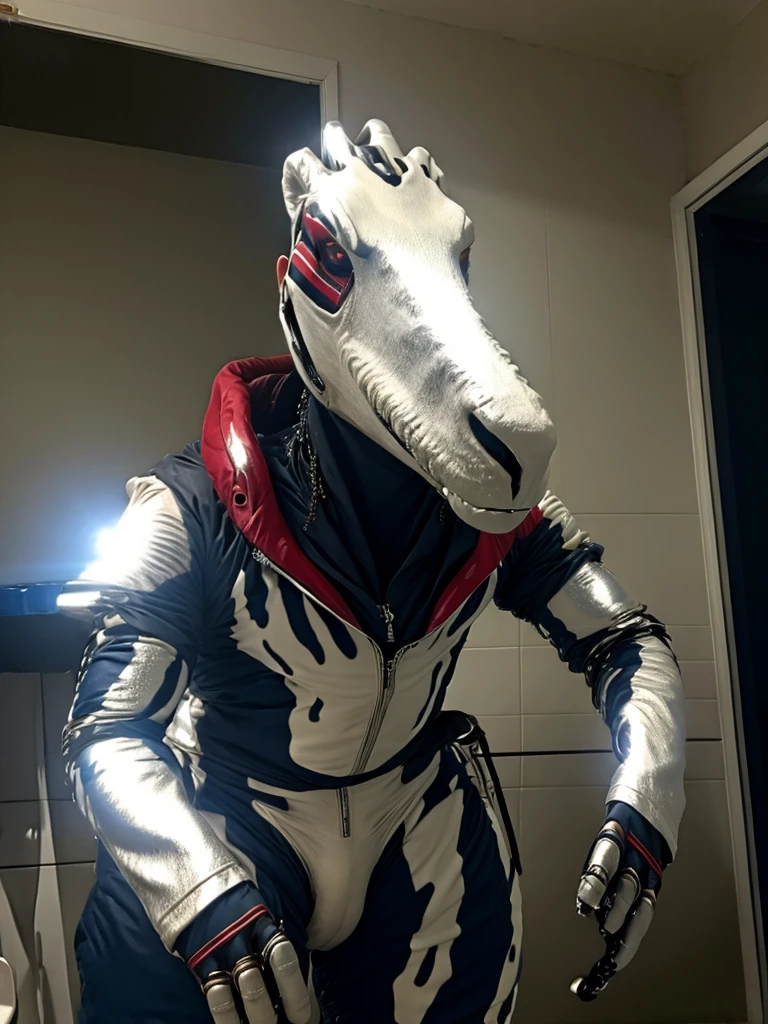 Ultra high resolution, best quality, mirror selfie, transformation art,  (half transformation),  I see myself reflected on the shiny metal wall as I morph into a mechanical deinonychus fursuit. dripping liquid metal coats my skin. I am inside a strange factory chamber, (half human:1.3), (red:1.9) (black:1.5) (purple:1.1), ((metallic liquid goo partial dripping encasement)), zipper, Horizon Zero Dawn style.