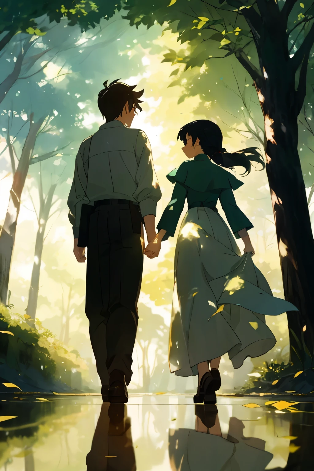 In this cinematic scene, a heartwarming moment unfolds as a 18-year-old girl and a 23-year-old boy walk hand in hand away from the reunion hall. Their steps are in sync, lighter than the leaves falling around them, indicating a shared anticipation and the promise of a new beginning. Close-up shots of their interconnected hands illuminate their unbreakable bond, with the sunlight cascading through the leaves above, heightening the emotional connection between the two characters. The scene progresses with a sense of tranquility, reflecting the hope and excitement present in their hearts, all encapsulated in the enchanting Ghibli style. --1