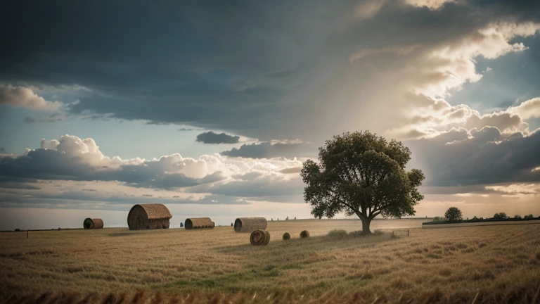 two images in contrast, with on one side a fruit tree and on the other a field of straw and hay being blown away by the strong wind, 8k, realistic, cinematic