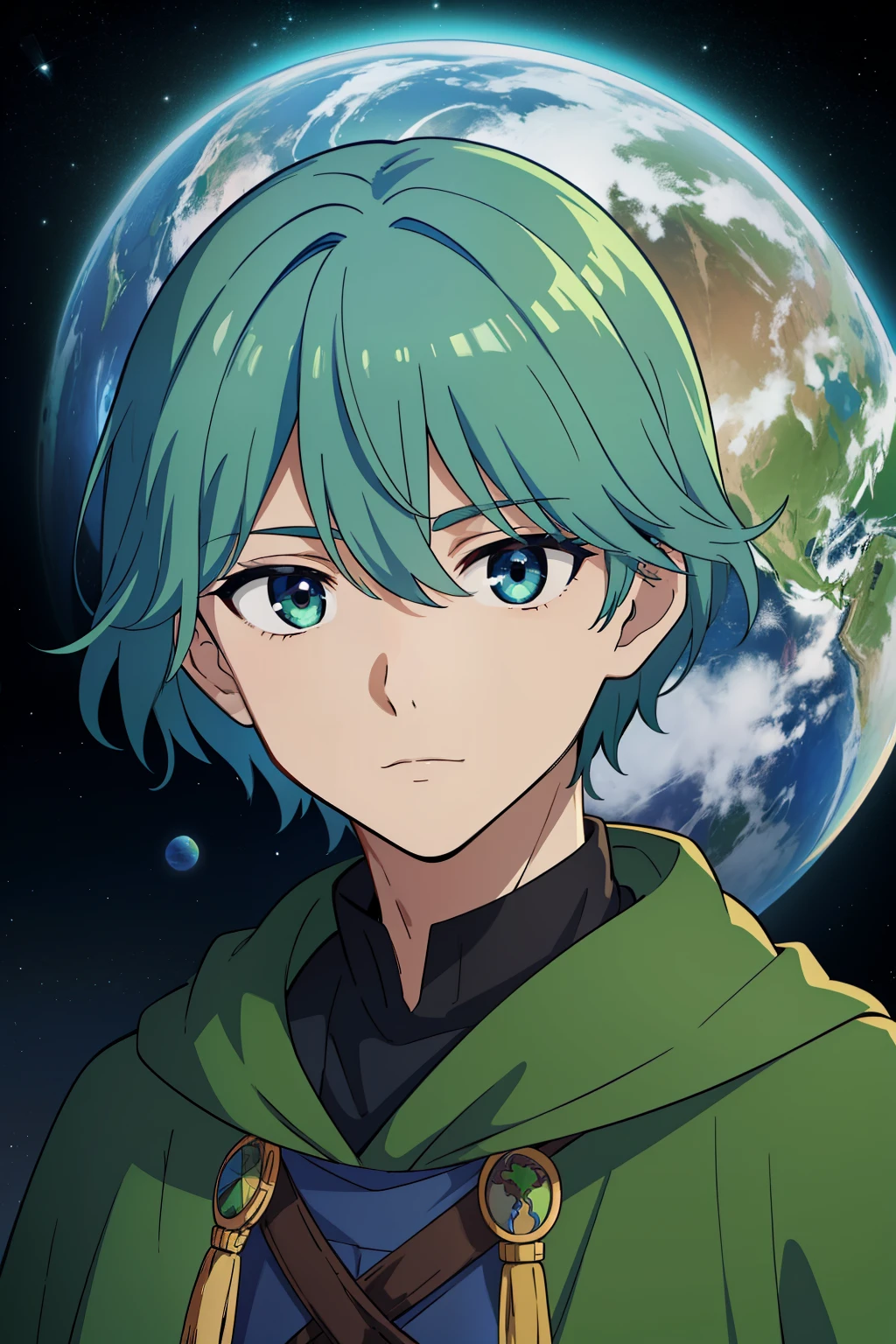 (high-quality, breathtaking),(expressive eyes, perfect face) 1male, male, solo, short height, young teenager age, medium length hair, blue and green hair color, multi-coloured hair, unkept hair, earthy colored eyes, kind expression, soft smile, cloak, shirt, fantasy mage clothing, adventurers attire, Earth planet, Tellus MaterRoman God of the Earth, space background, portrait, upper body, magic, braided bang
