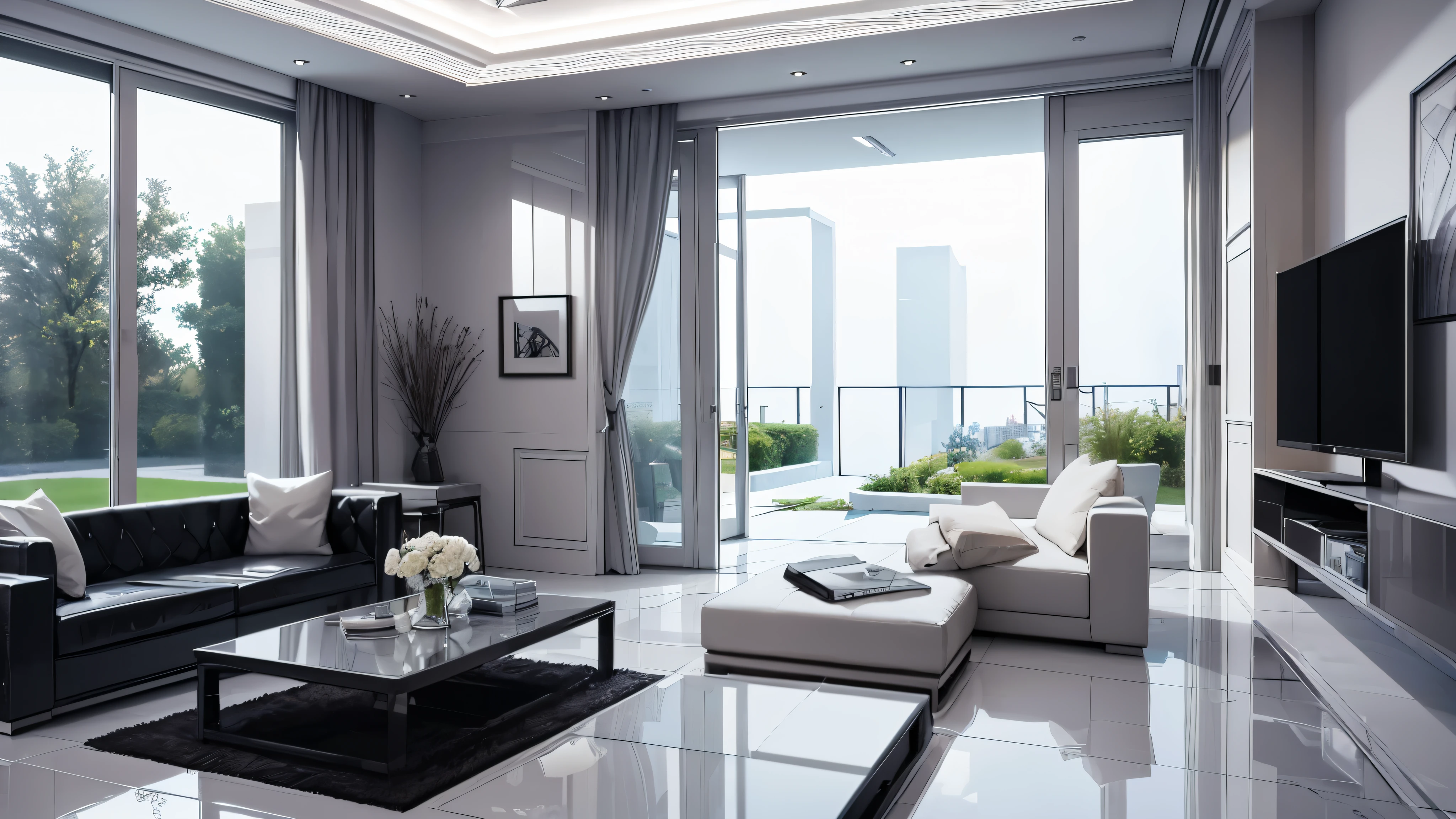 You are a famous interior designer、You have been asked to create a 3D image of a modern large room. Create a harmonious environment with modern and minimalist furniture. Including garden interior.