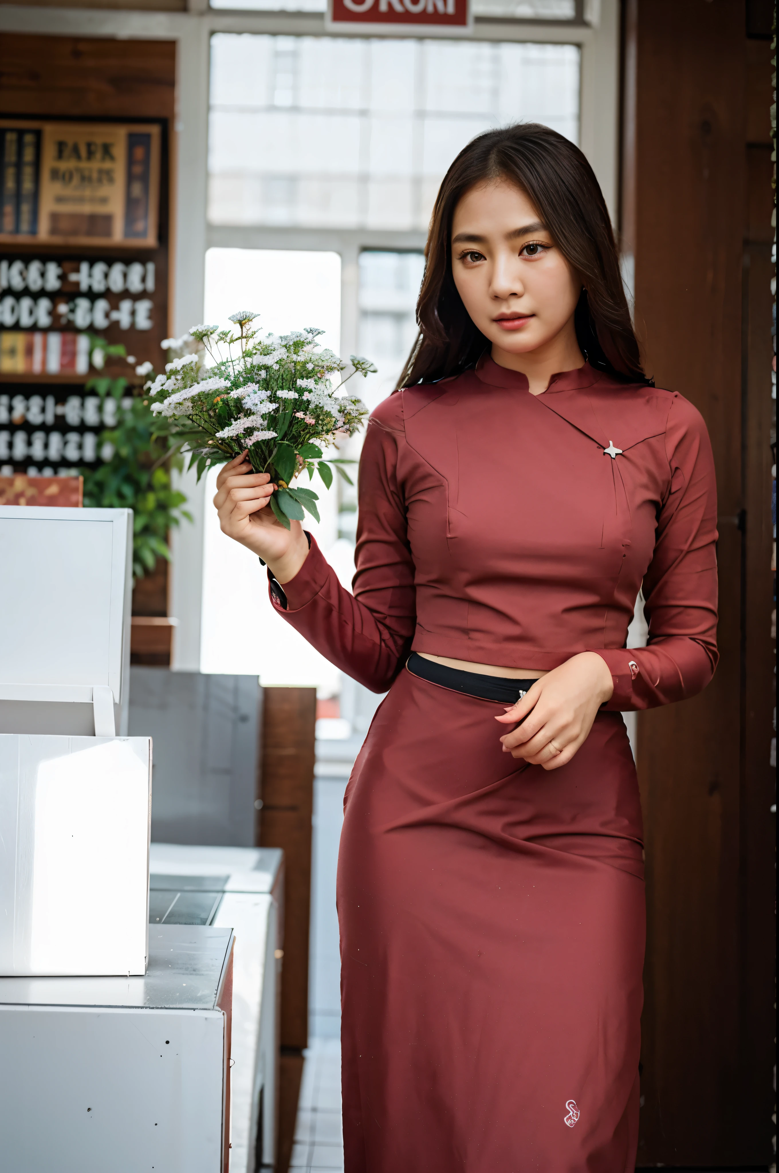 Half body portrait, 8k , plae skin asian ( korea+ Burmese)mixed girl , wearing red acmm's outfit, wearing top, red top, long sleeves, wearing acmm long skirt, red long skirt, printed skirt and searching for books in front of bookstore 