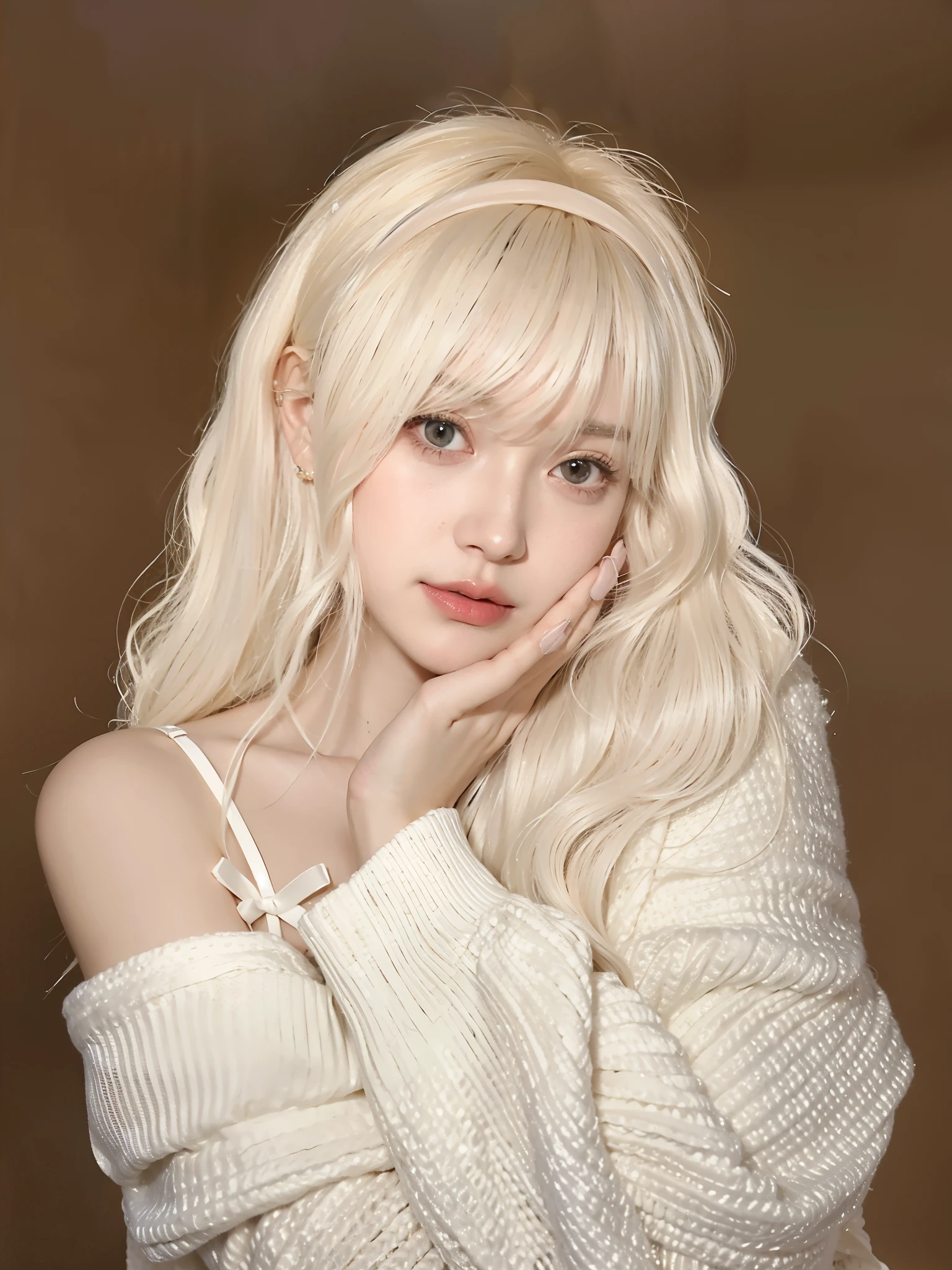 Blonde girl with long hair and white sweater posing for photo, Long white hair and bangs, with white hair, Urzan, with long white hair, perfect white haired girl, white hair girl, pale porcelain skin, long blond hair, Light milky white porcelain skin, extremely pale blond hair, Larissa Manobar, her hair is white