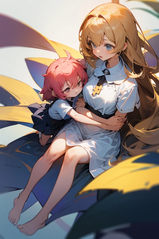 Cross your arms. lily.female. childhood friend. Two people. From head to toe.cute.whole body.