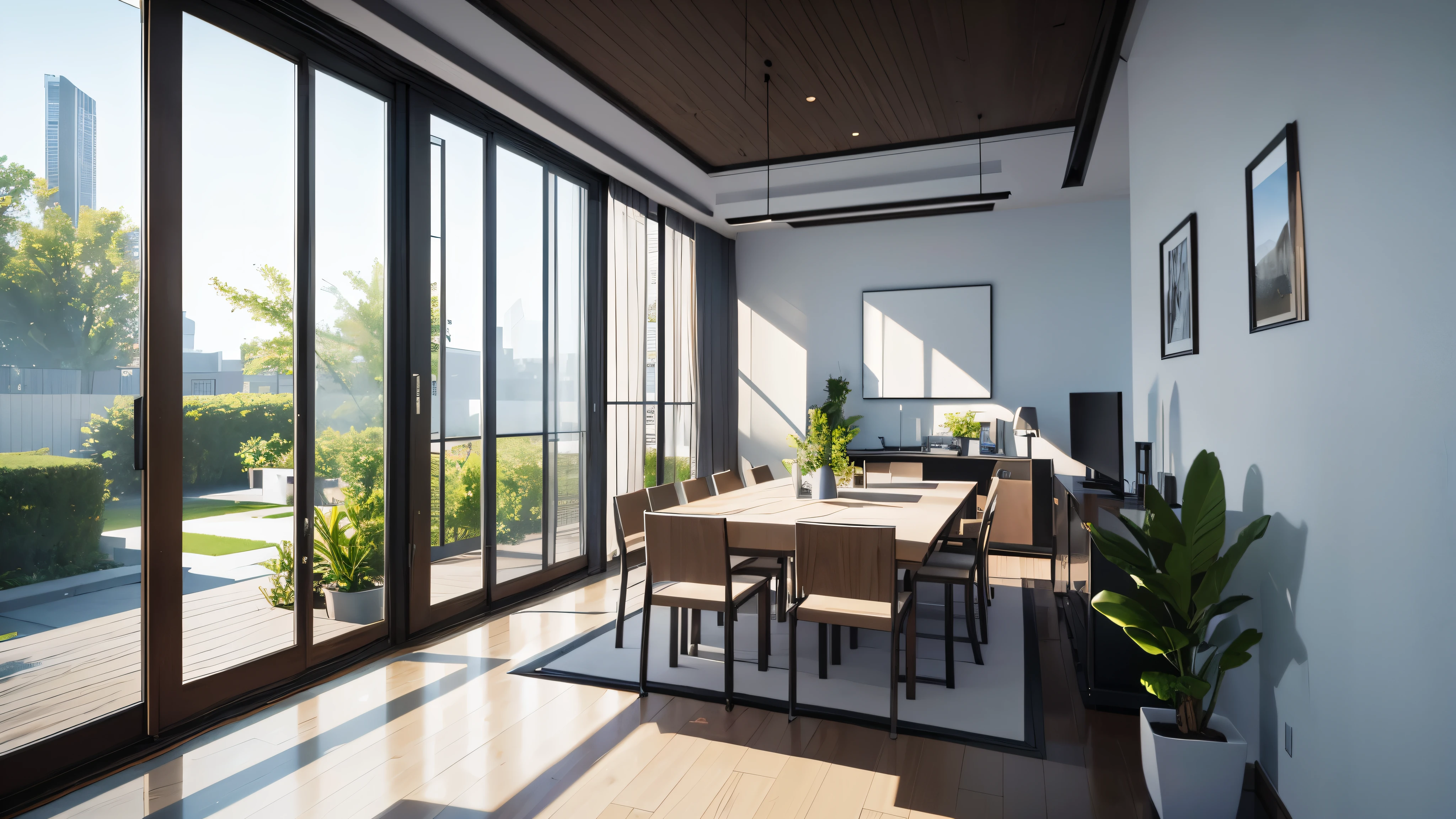 You are a famous interior designer、You have been asked to create a 3D image of a modern large room. Create a harmonious environment with modern and minimalist furniture. Including garden interior.