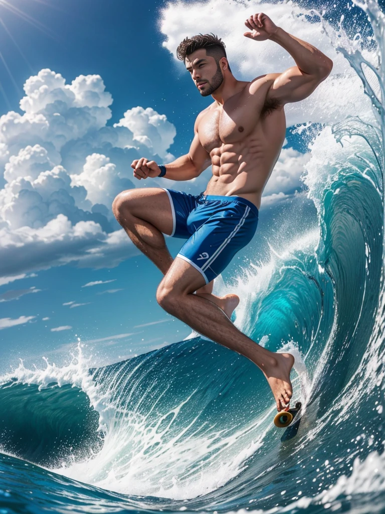 8k,8K resolution,一位武术家打扮的surf者,Ride on huge waves,Use kung fu and water control to navigate the water,Enjoy panoramic views of the sea and rippling blue waves,muscular european, handsome man,charming eyes,rough real skin,beautiful, smooth and shiny,Full muscles,Thick body hair, (Wearing fashionable swimming trunks),big bag,emphasize,a vibrant atmosphere,bright colors,dynamic composition,Canon EO SRS camera,FU J if11M Pr O400H film,35mm lens,shallow view deep,surf,The waves are high,Dashing out of the waves quickly on a skateboard with both feet,Beautiful and professional pose,professional lighting,Professional photography,Realistic photos,realistic model,realistic art