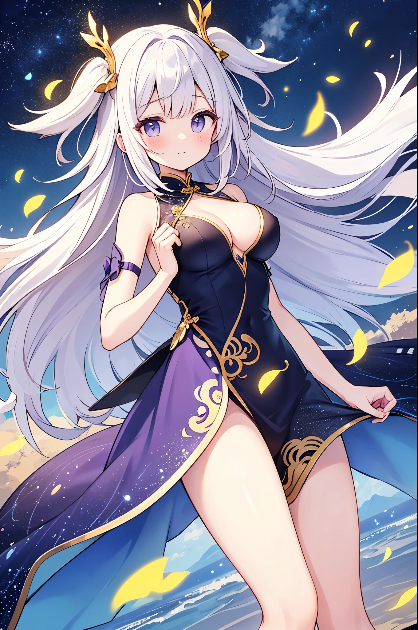 （masterpiece）、(highest quality)、((Super detailed))、(super delicate)、cute、Pastel colors hair、beautiful breasts、Gorgeous、fantastic sea of stars、Golden, silver and purple cheongsam