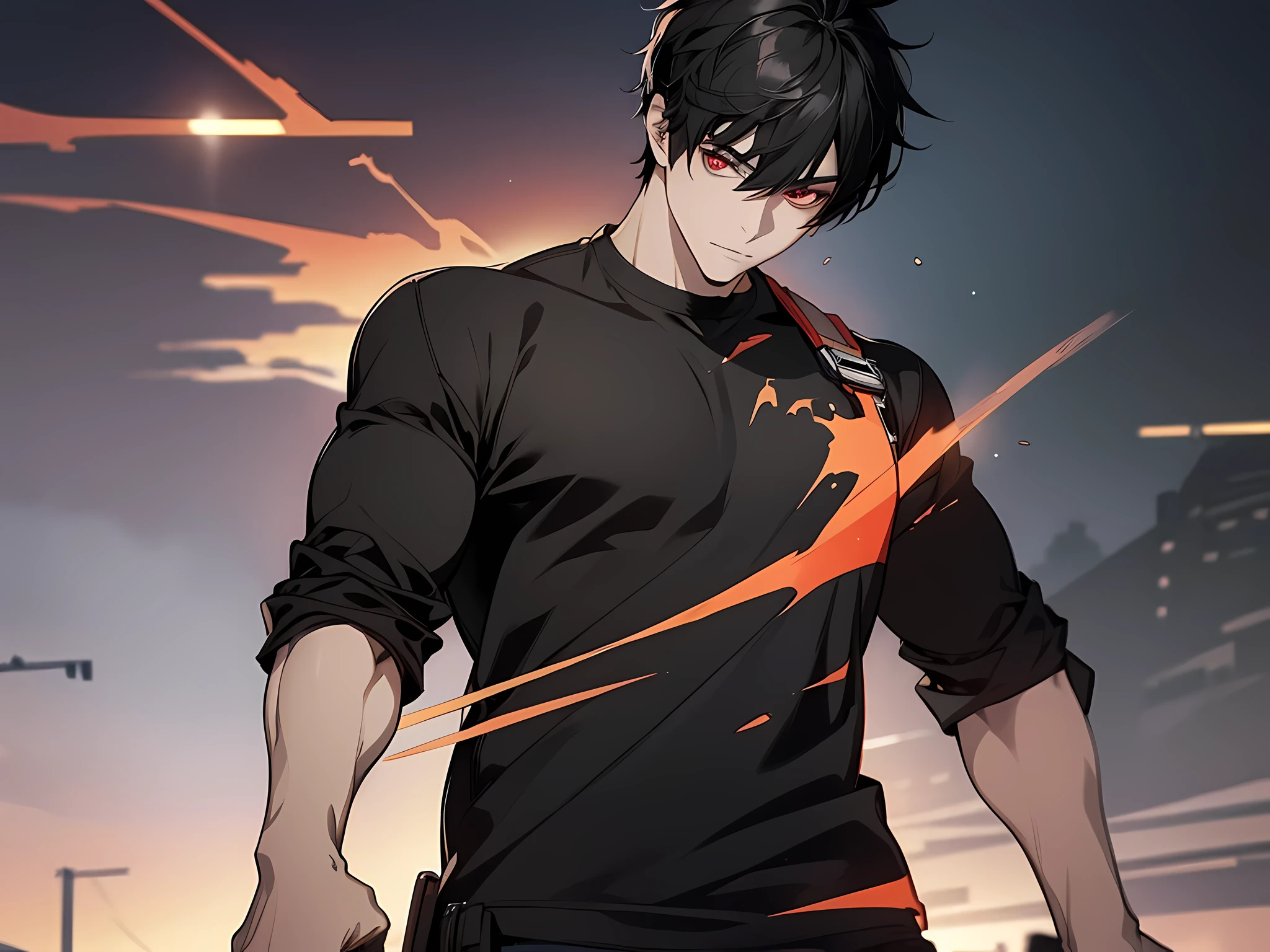 1 man, black hair, short hair, wearing black tshirt, red eyes color, face to detail, detailed eyes, standing pose, the background is seoul city, half-body illustration