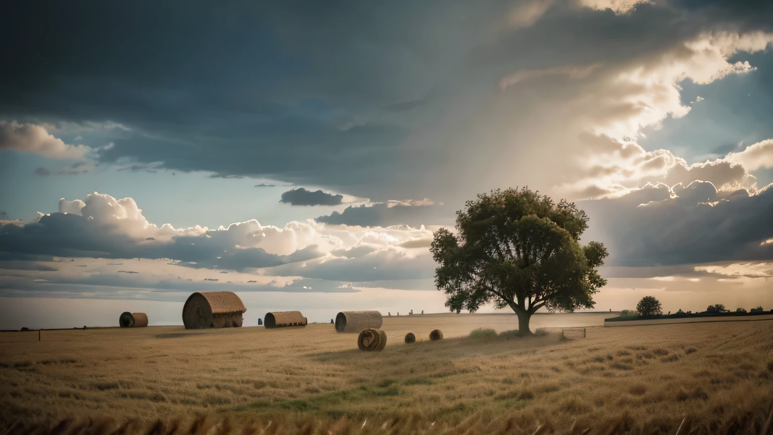 duas imagens em contraste, with on one side a fruit tree and on the other a field of straw and hay being blown away by the strong wind, 8k, realista, cinematographic