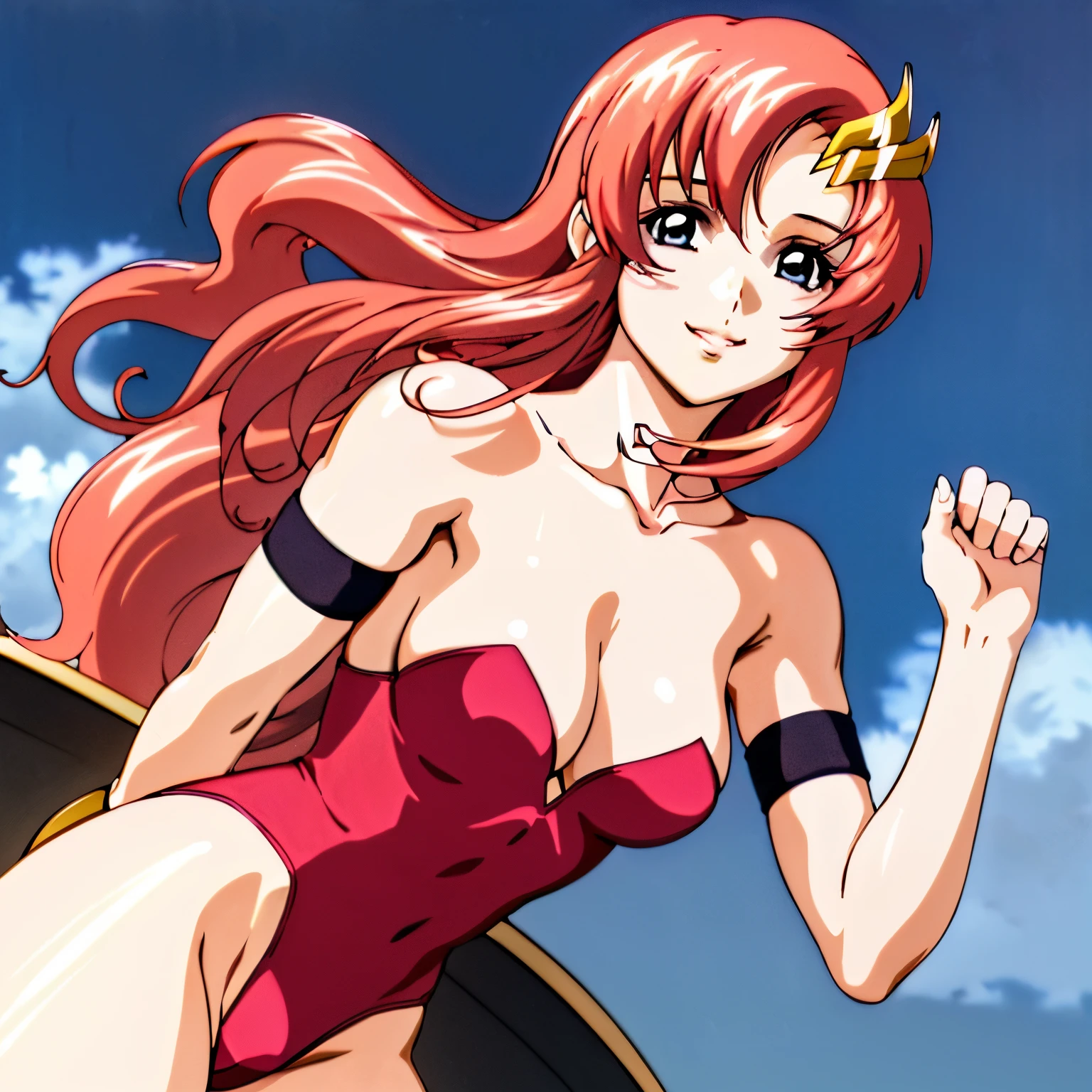 (masterpiece, upper body view, crimson strapless leotard, (slim shoulders, neck), leaning back, 4K, Best Quality, Anime style: 1.9, happy, Adult Woman, ultra detailed face, (cloud background, white skin), Drawing lines, high resolution, Anime, lacus4), 1girl, Solo, curvy figure, Long hair, 鎖骨, scapular, (Detailed wide hair bangs, Hair Ornament, Detailed reddish-pink hair, shiny streaks, slim arms, golden crest), cleavage, large hands, (female wrestler). (Big blue eyes, shiny eyes), ((female wrestler, (slim body), little biceps, slim arms, closed fists, thighs)), ((perfect proportions, medium breasts, long belly)), (((strapless, crimson strapless leotard, crimson strapless leotard, arm band))), happy, smile, (standing, looking at the viewer), detailed fingers, (bare shoulders), Clavicle
