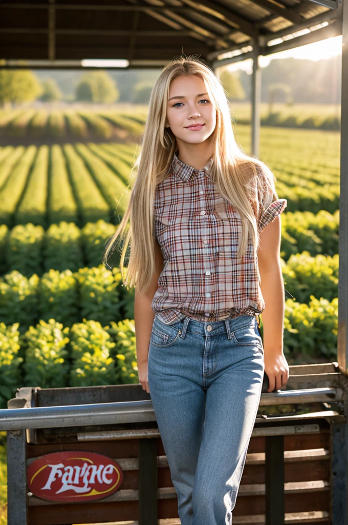 A beautiful young 20-year-old blonde woman with layered straight blond hair wears a plaid flannel shirt with rolled-up sleeves and jeans, sie sitzt auf einem Traktor im Hintergrund befindet sich eine Farm, es ist herrlicher Sonnenuntergang