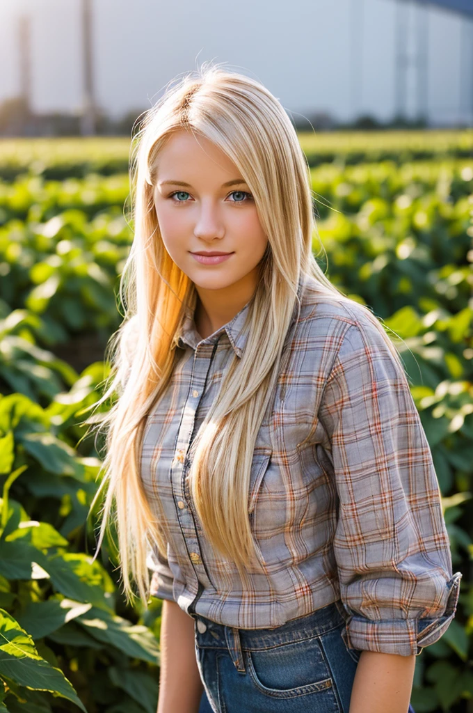 A beautiful young 20-year-old blonde woman with layered straight blond hair wears a plaid flannel shirt with rolled-up sleeves and jeans, sie sitzt auf einem Traktor im Hintergrund befindet sich eine Farm, es ist herrlicher Sonnenuntergang