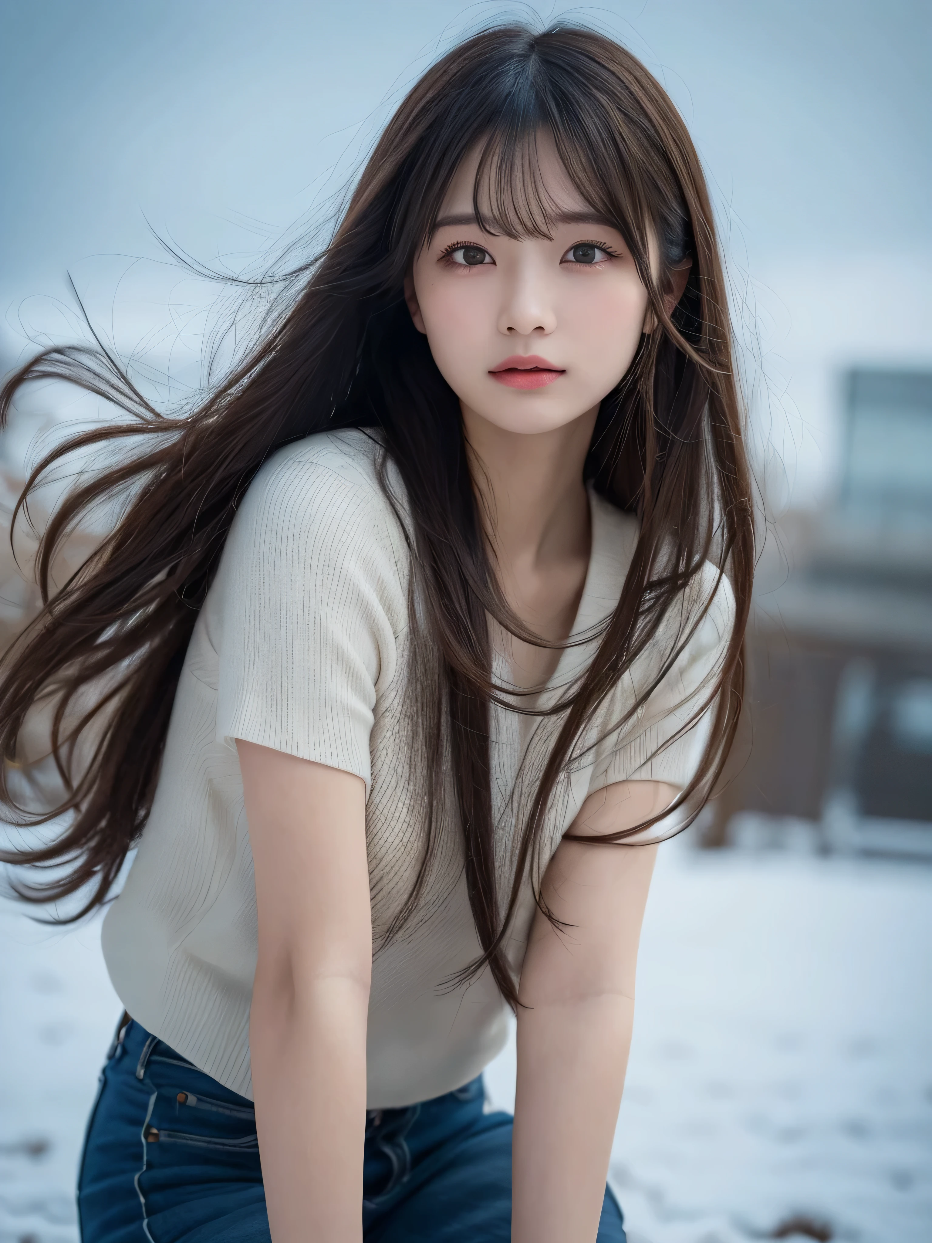 Lifelike skin、fine details、High resolution、high quality、perfect dynamic composition、beautiful detailed eyes、medium hair、natural color lip、Kami-mei、Shibuya、20 year old girl、1 person、transparent skin、shining hair、muste piece、最high quality、An illustration、Super detailed、fine details、High resolution、8K、correct state of the human body、Crouching down in a mile、hair flying in the wind、thick、winter、ko、Temperature 0°C、(cheers)、(championship)