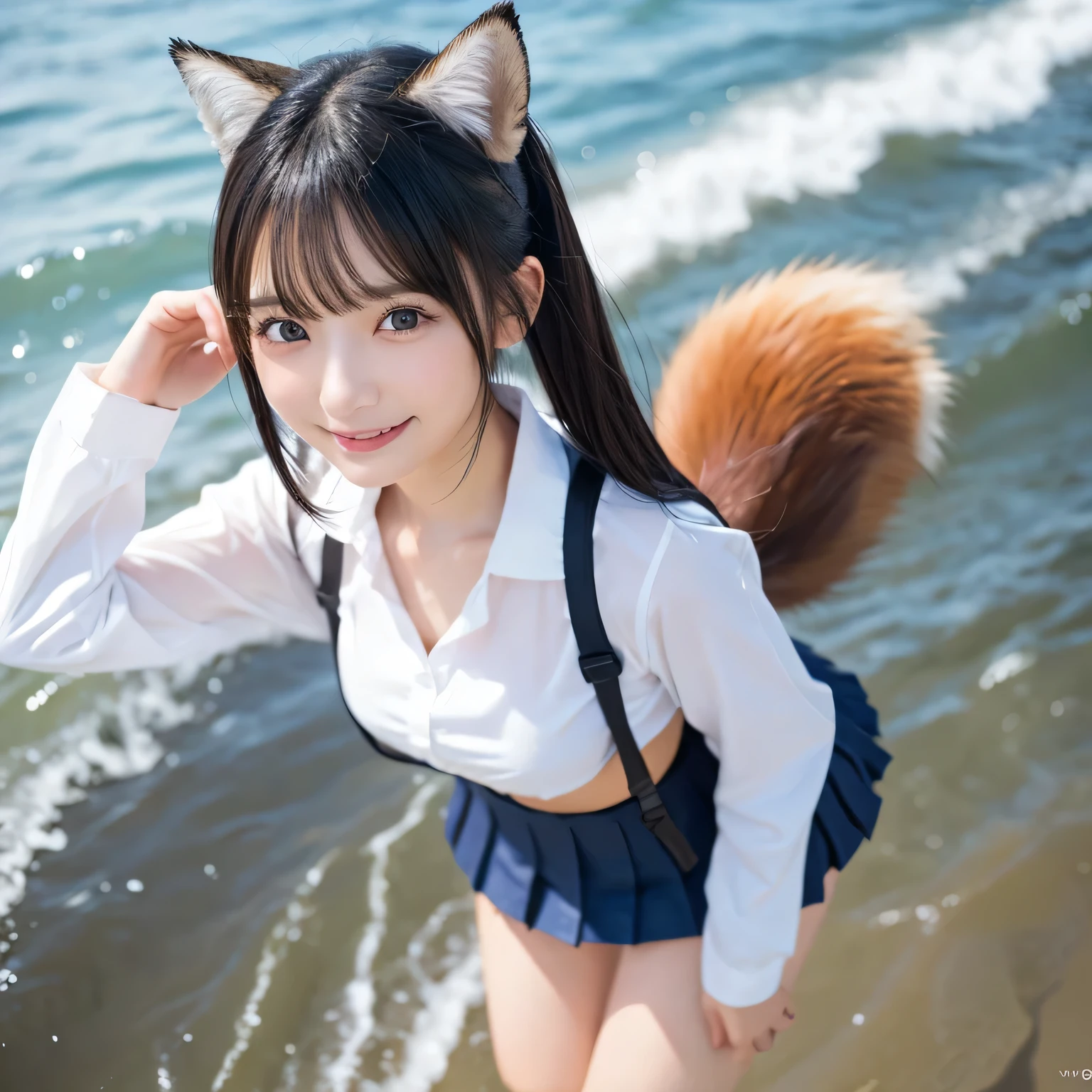 Girl with a furry Tail , Fox girl, Fox Tail, Tail, collared shirt,,on the table, best quality, illustration, Ultra-deTailed, finedeTail, high resolution, 8k wallpaper, Perfect dynamic composition, Beautiful deTailed eyes,full body photography，show your whole body、thin and transparent、long gray hair, ,Smile,Harajuku、20 year old girl、Eyeliner、beautiful bangs、hair between eyes、((masterpiece、top quality、ultra-deTailliert、movie light、intricate-deTail、high resolution、ighly deTailed))、background for this、8 kood、digital SLR、soft light、high quality、film grain、富士XT3 、shallow view deep、natural soft light、Kamimei、See the knees, Look at the sexy shots of the lens、Above the legs、Full body shot facing the camera、Front view、standing at the beach