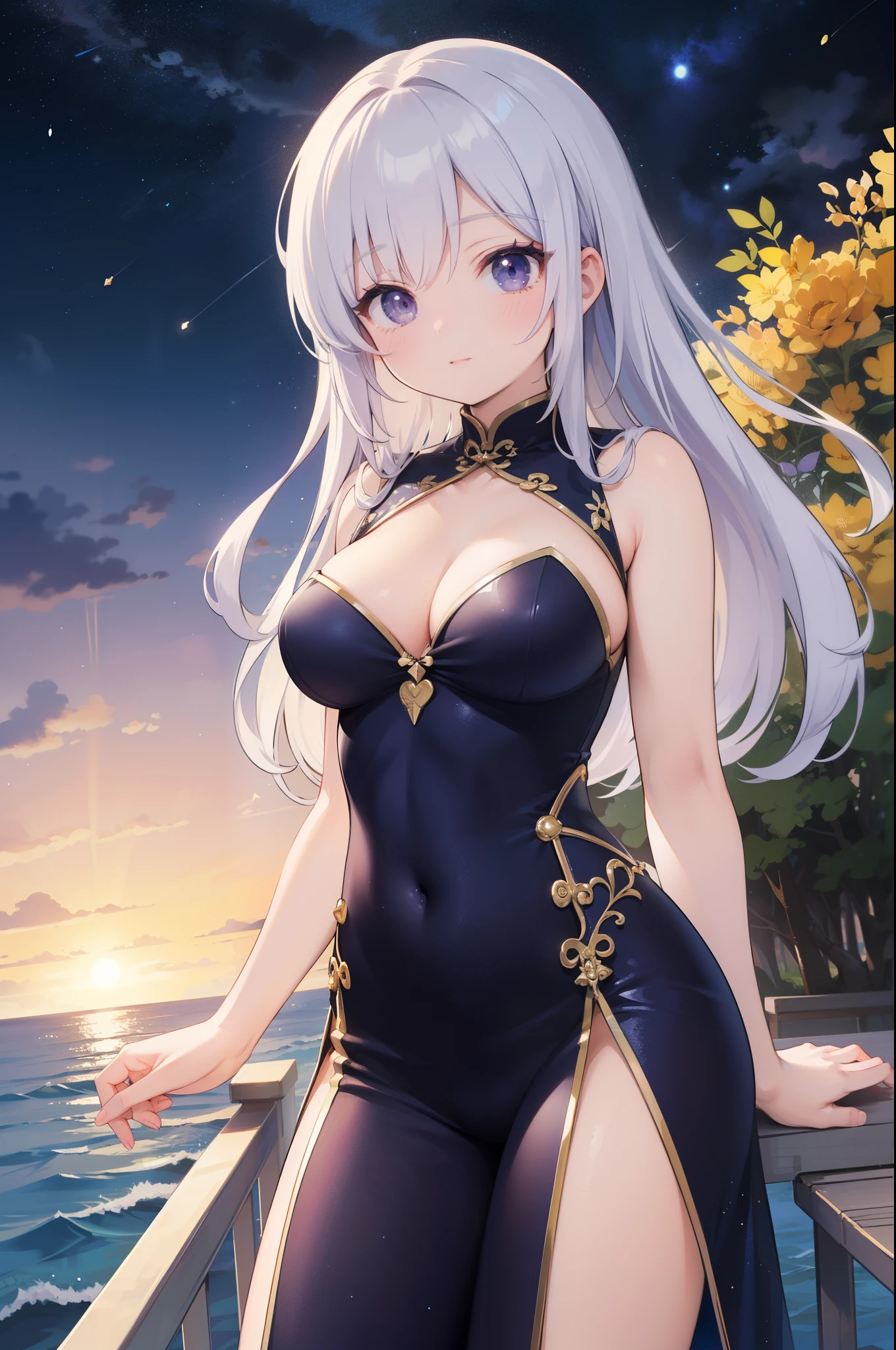 （masterpiece）、(highest quality)、((Super detailed))、(super delicate)、cute、Pastel colors hair、beautiful breasts、Gorgeous、fantastic sea of stars、Golden, silver and purple cheongsam