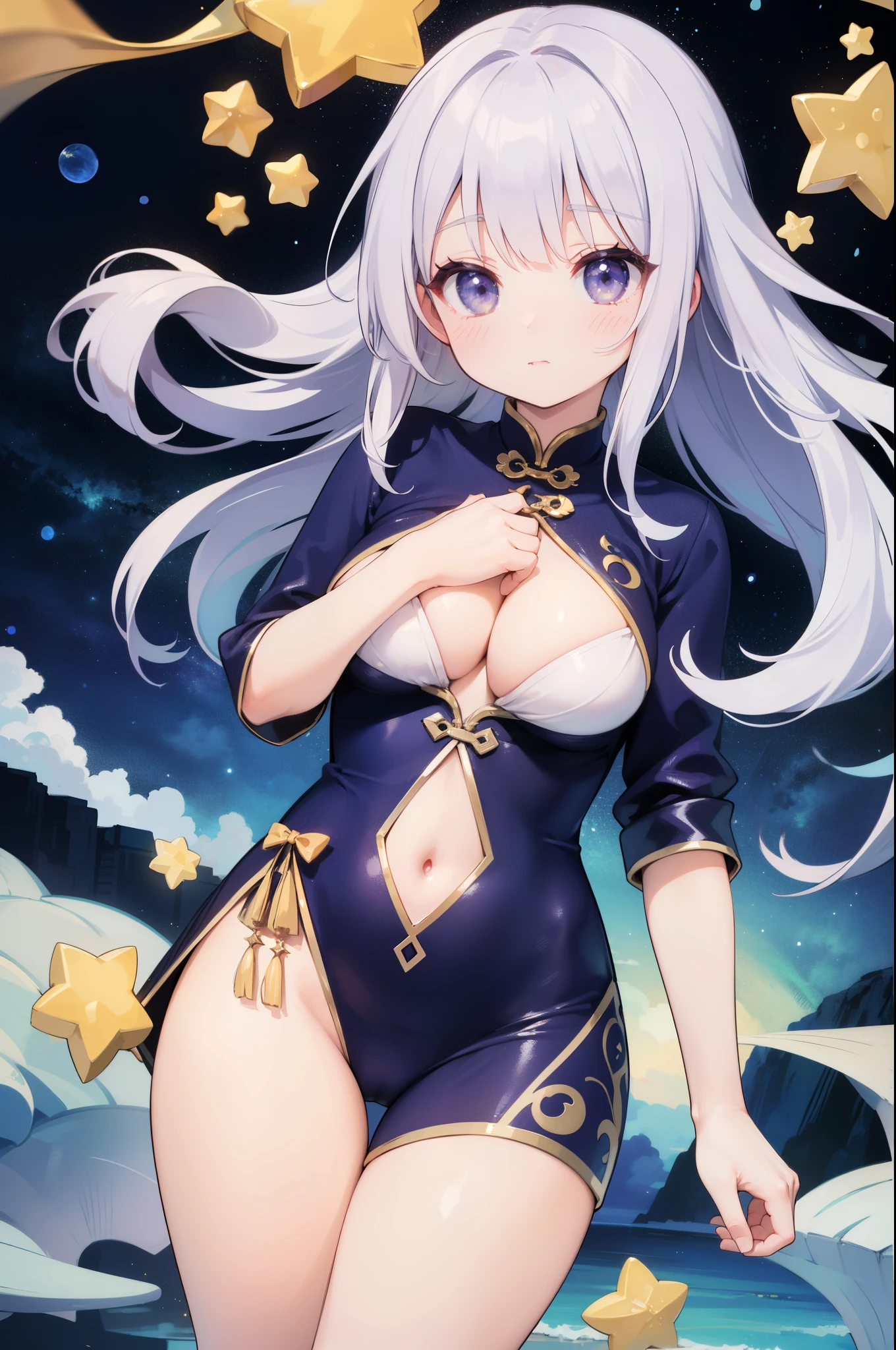 (masterpiece)、(highest quality)、((Super detailed))、(super delicate)、cute、Pastel colors hair、beautiful breasts、Gorgeous、fantastic sea of stars、Golden, silver and purple cheongsam