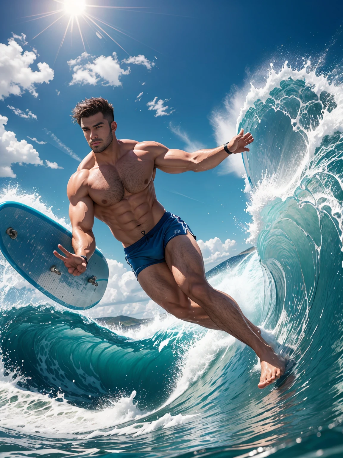 8k，8K resolution，一位武术家打扮的surf者，Ride on huge waves，Use kung fu and water control to navigate the water，Enjoy panoramic views of the sea and rippling blue waves，muscular european, handsome man，charming eyes，rough real skin,beautiful, smooth and shiny，Full muscles，Thick body hair， (Wearing fashionable swimming trunks)，big bag，emphasize，a vibrant atmosphere，bright colors，dynamic composition，Canon EO SRS camera，FU J if11M Pr O400H film，35mm lens，shallow view deep，surf，The waves are high，Dashing out of the waves quickly on a skateboard with both feet，Beautiful and professional pose，professional lighting，Professional photography，Realistic photos，realistic model，realistic art