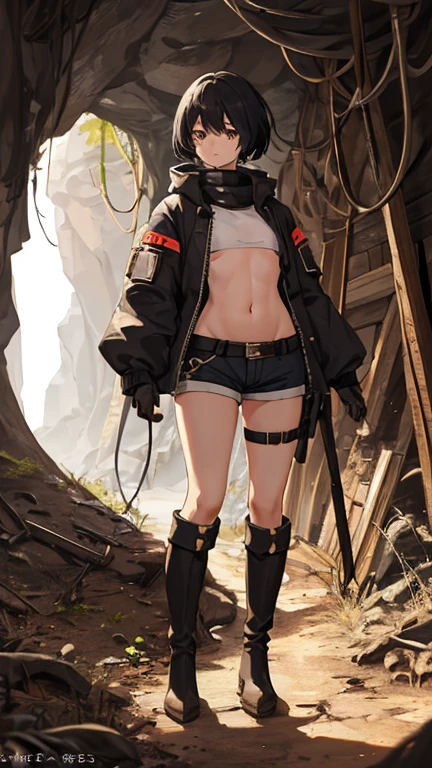 Underground caves、girl exploring、Exploration suit with belly button exposed、thighs、shorts、Knee-high boots、