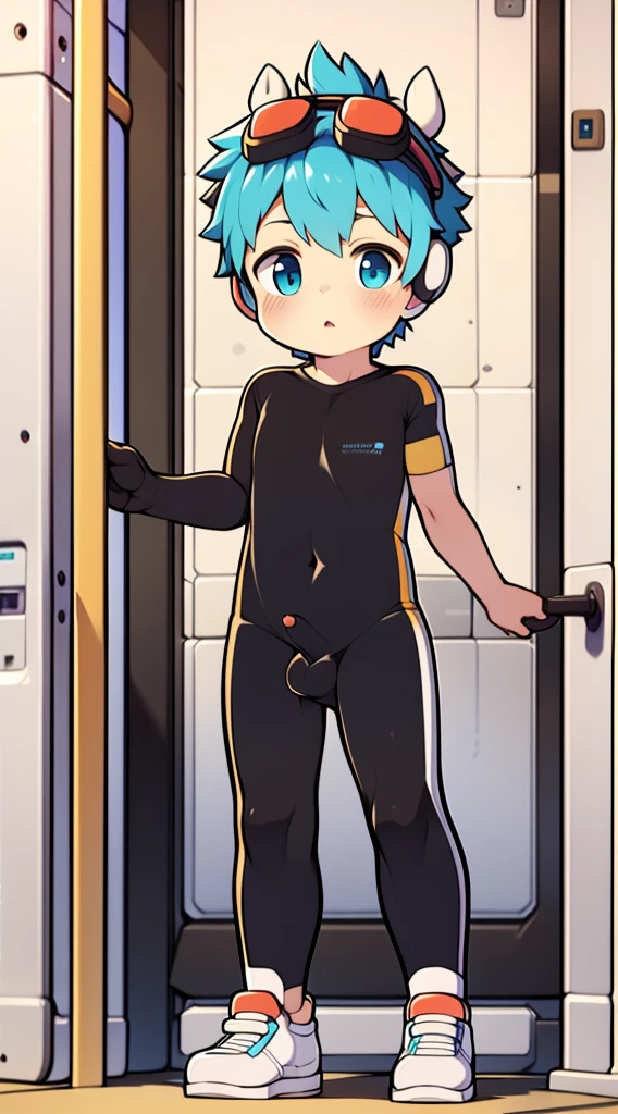 Two-dimensional boy Shota,bodysuit,cow horn,Cow ears,Wear the headphones on your head,stood up,goggles,sports shoes,Slim,erection