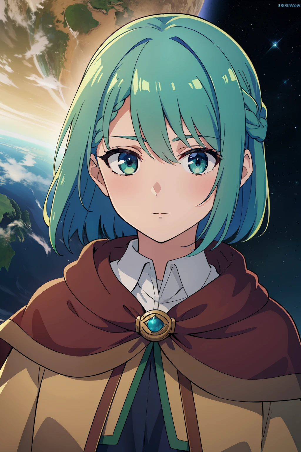 (high-quality, breathtaking),(expressive eyes, perfect face) 1female, female, solo, short height, , medium length hair, blue and green hair color, multi-coloured hair, unkept hair, earthy colored eyes, kind expression, warm soft smile, cloak, shirt, fantasy mage clothing, adventurers attire, Earth planet, Tellus MaterRoman God of the Earth, space background, portrait, upper body, magic, braided bang
