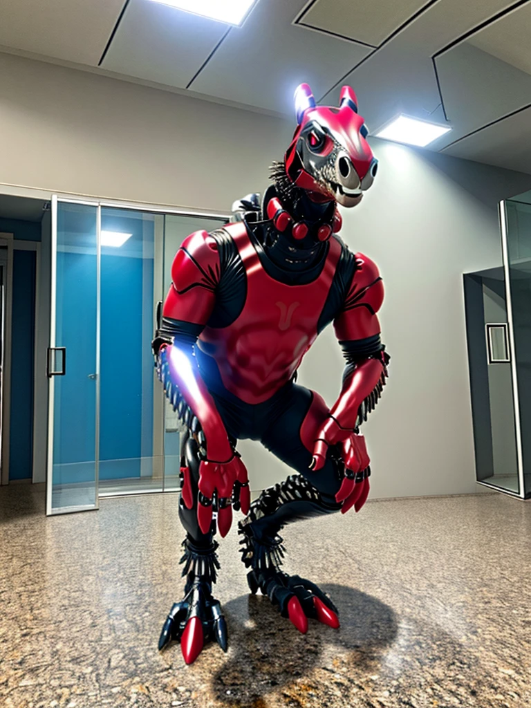 Ultra high resolution, best quality, mirror selfie, transformation art, (half transformation), I see myself reflected on the shiny metal wall as I morph into a mechanical deinonychus fursuit. dripping liquid metal coats my skin. I am inside a strange factory chamber, (half human:1.3), (red:1.9) (black:1.5) (purple:1.1), ((metallic liquid goo partial dripping encasement)), zipper, Horizon Zero Dawn style.