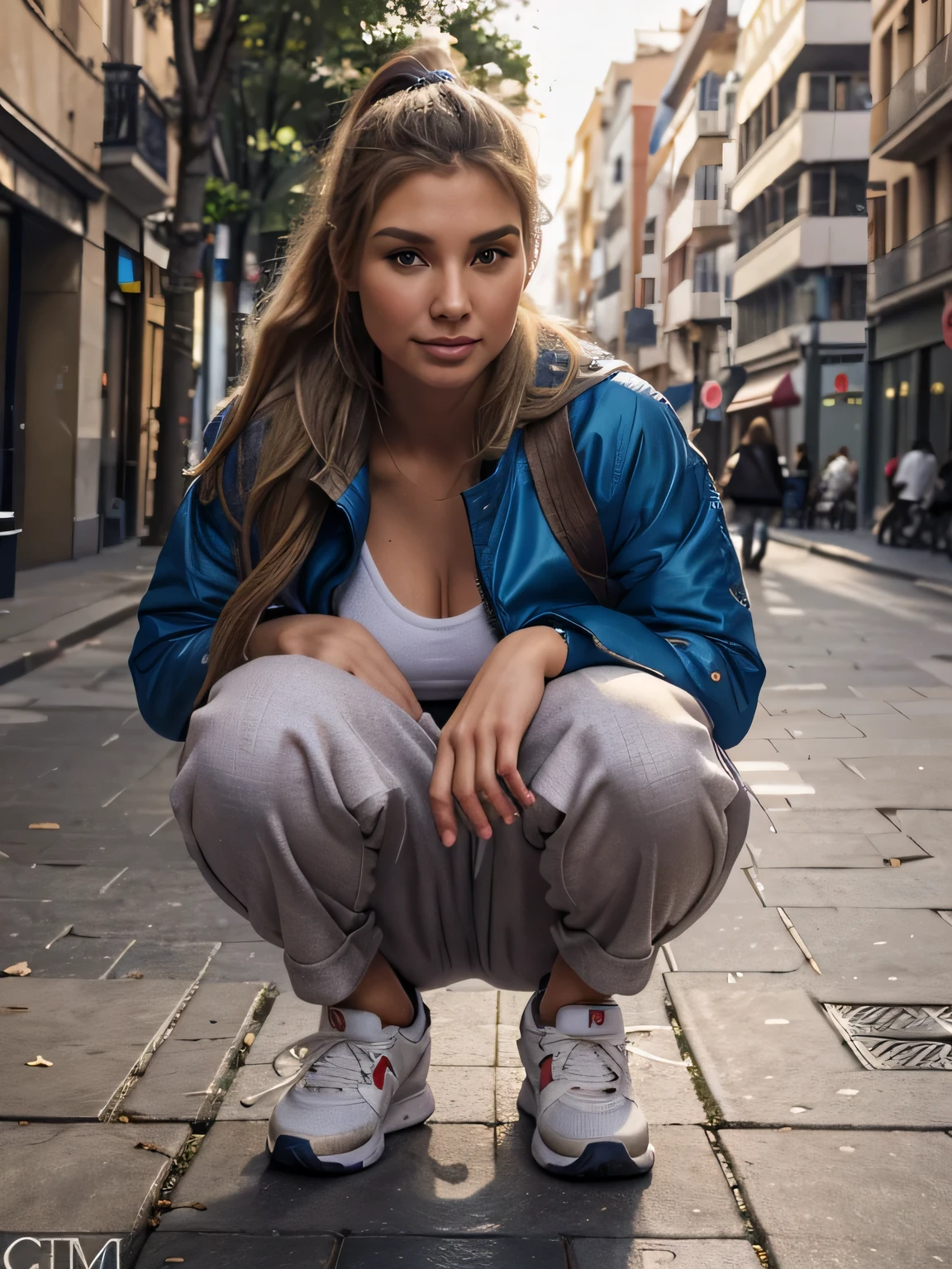 Hyperrealistic close-up of Emily Sears, masterpiece, best quality, (photorealistic:1.4), full body, (Random color winter shipskin coat:1.2), (oversized sweetpants:1.2), (random color basketball shoes:1.2), squatting on the sidewalk in Barcelona, cinematic light, beautiful woman, skinny, big breasts, straight blonde hair, hair in a ponytail, close-up of face, smile, close-up, 2 meters away,HDR,very high image quality,cinematic footage, age 20 years old