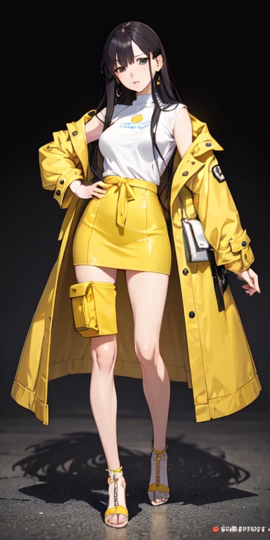 ((best quality)), ((masterpiece)), (detailed),full body anime picture of a female marketing member , yellow outfit , 1 person , coat