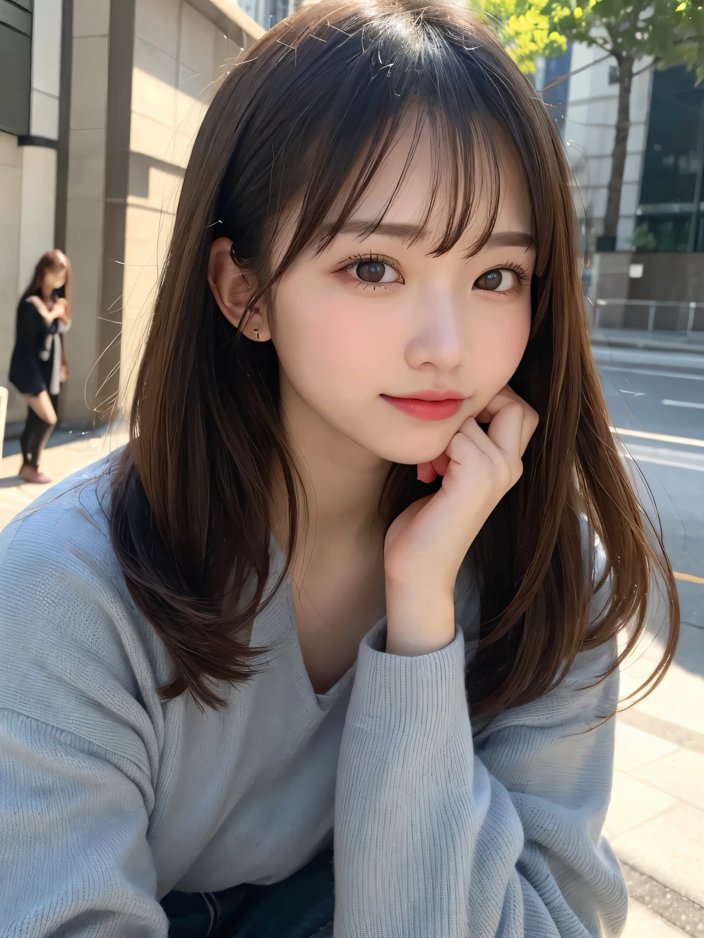 Lifelike skin、fine details、High resolution、high quality、perfect dynamic composition、beautiful detailed eyes、medium hair、natural color lip、Kami-mei、Shibuya、20 year old girl、1 person、transparent skin、shining hair、muste piece、最high quality、An illustration、Super detailed、fine details、High resolution、8K、correct state of the human body、Crouching down in a mile、hair flying in the wind、thick、winter、ko、Temperature 0°C、(cheers)、(championship)