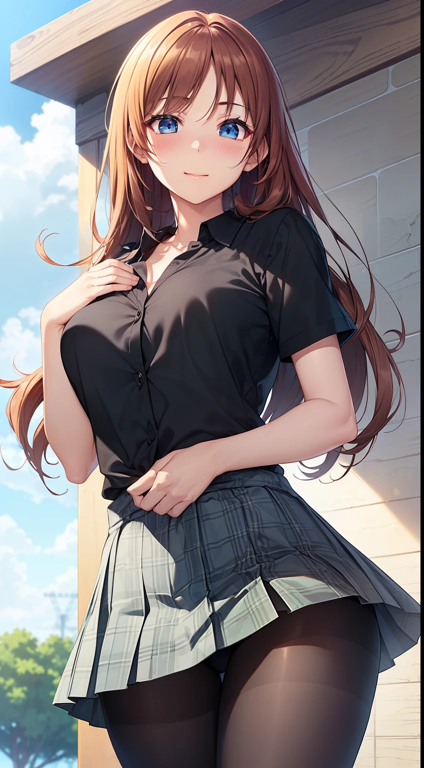 ((best quality, high resolution, pixel perfect, 4K))), 1girl in, single, alone, Beauty、see whole body、 ((Long hair to waist, Bangs, reddish brown hair)), ((blue eyes, beautiful eyelashes, realistic eyes)), ((Detailed face, blush:1.2)), ((smooth texture:0.75, lifelike质感:0.65, lifelike:1.1, Anime CG style)), medium breasts, Perfect body, ((black short sleeve shirt, light blue skirt, Plaid skirt,Black tights)), A confident smile, Bend forward, Lift your skirt with both hands、(The wind was so strong that my skirt blew over，The chest is exposed、Black tights)