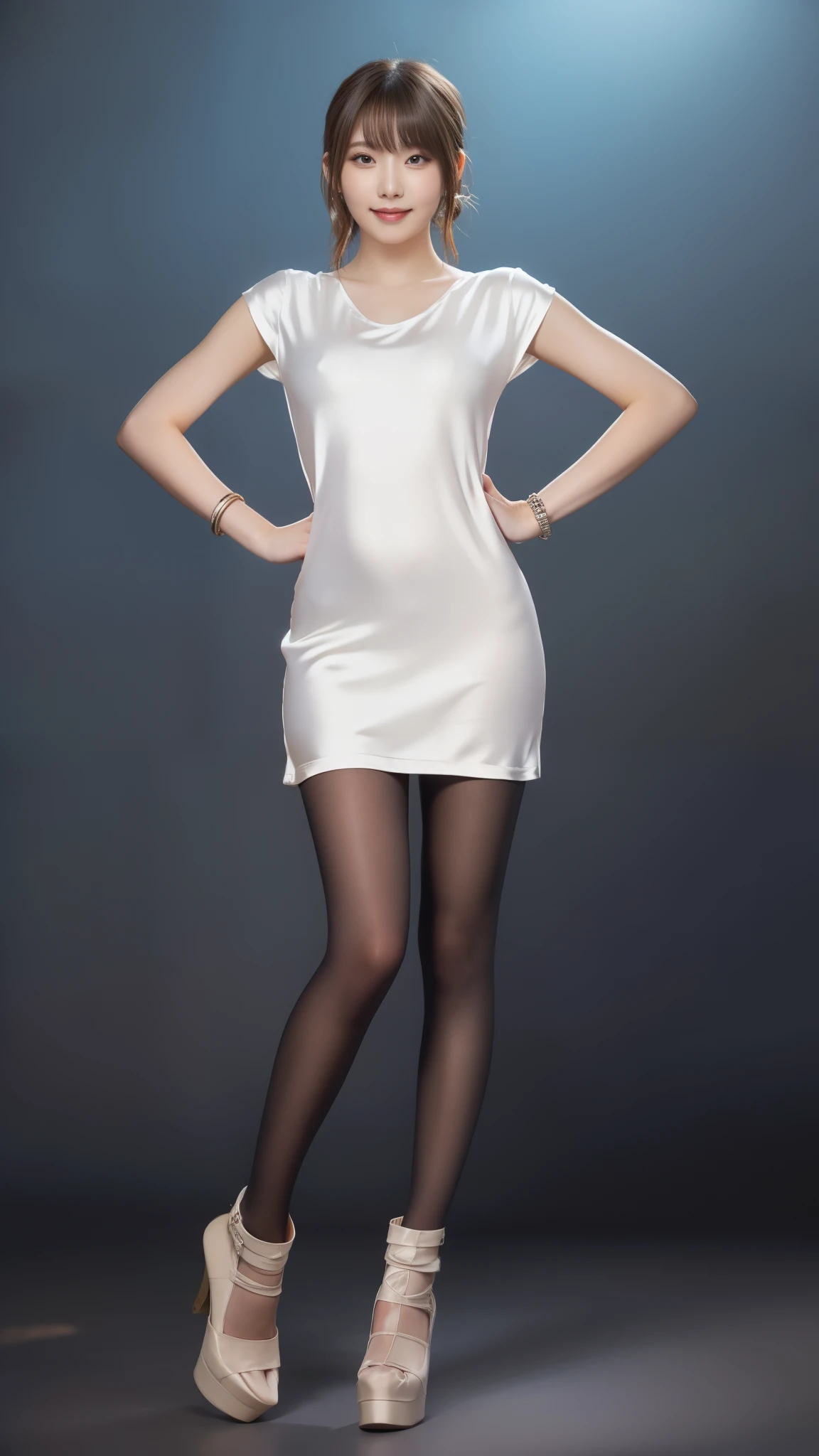 8K, table top, RAW photo, highest quality, realistic, Highly detailed CG Unity 8K wallpaper, Depth of bounds written, cinematic light, Lens flare, ray tracing, (very beautiful face, beautiful lips, beautiful eyes), face with intricate details, ((super dense skin)) 1 girl, in the dark, deep shadow, cute korean girl, Flashy makeup with red eyeshadow,her shortcut, Delicate light brown hair is slightly disheveled with side waves.,wearing large ring earrings,K-POP idol, 1 girl, (very slim and slender fit muscular body:1.3), ((looking at the viewer)),(big smile:1.3), (sleeve fashion city night, Hand Precise,dark night, (neon sign), (blurred background), fashion street night),(no people in the background:1.3), beautiful earrings, bracelet, necklace, pantyhose, clear eyes, walk, (white skin), (big eye ace forward, ((upper body shot)), ((super mini color silk dress:1.3)),(brown hair),((tight fit lace dress)), (See through), open chest, very slim, medium breasts, backtracking,((buckshot)), See through, Medium Butt, Ultra Super Mini Skirt, updo hair, Wearing black high heels,